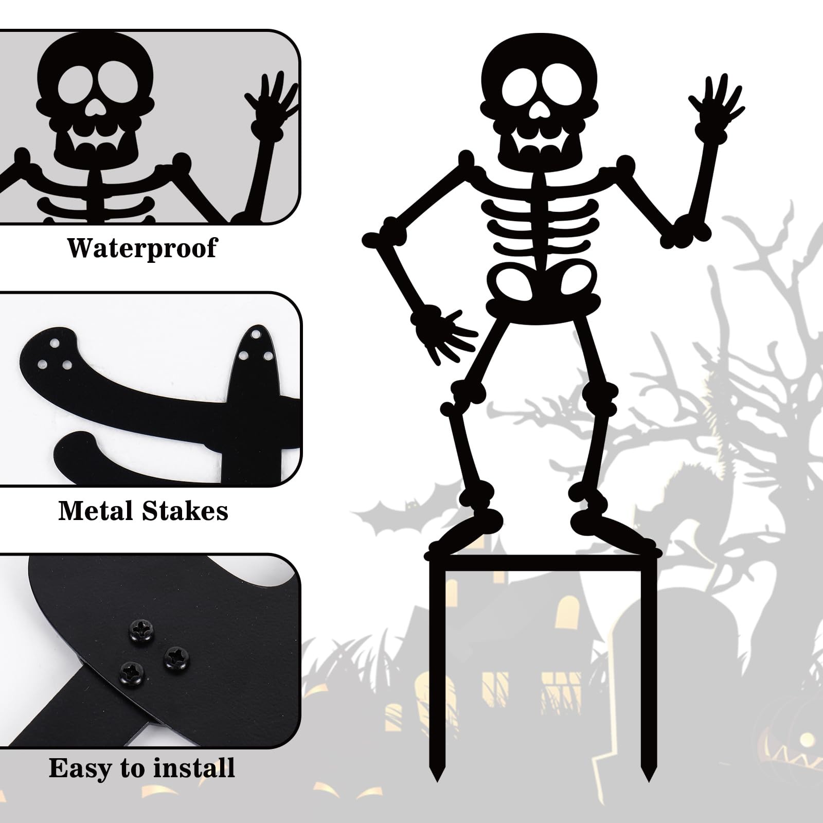 3Pcs Halloween Decoration Outdoor Metal Yard Stakes 45″ Tall Dancing Skeleton…