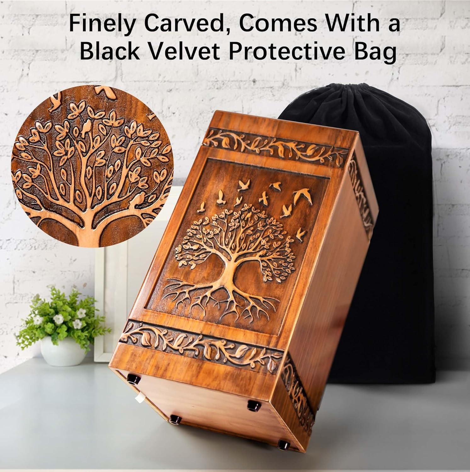 Wooden Cremation Urn Adult 250 Cu In Tree of Life Engraved Memorial Box