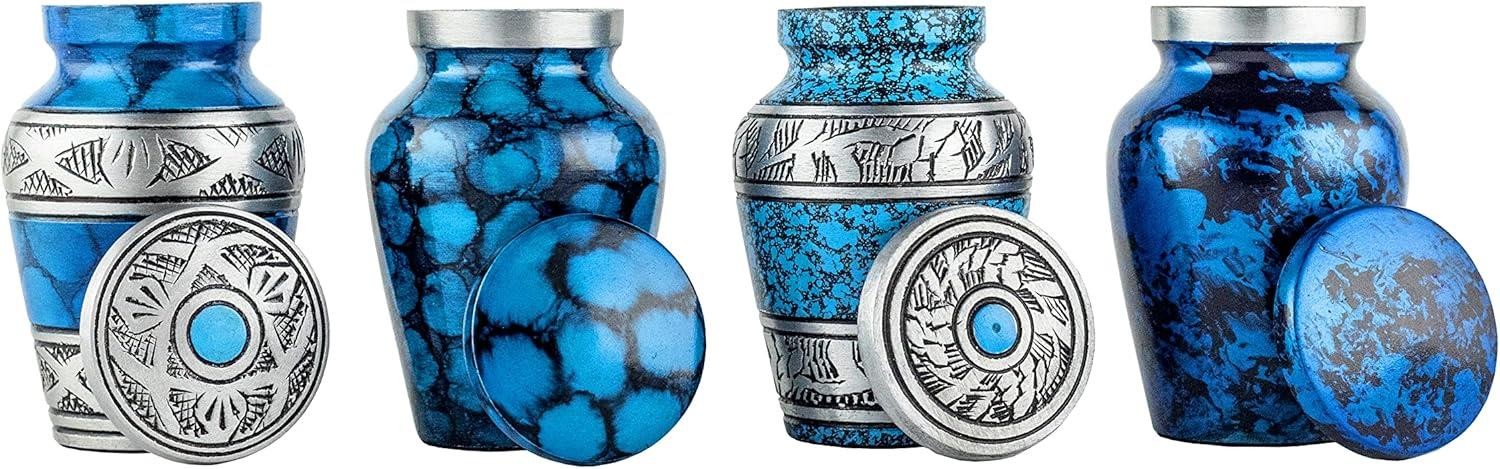 Cremation Urns – 4 Small Mini Urns for Human Ashes in Keepsake Box (Blue, 4)