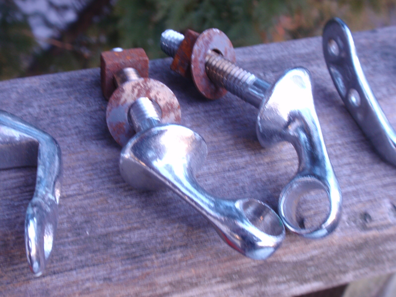 LOT OF 6 VINTAGE STAILESS STEEL / CHROME MEDICAL HANDLES , CLAMPS FUNERAL HOME