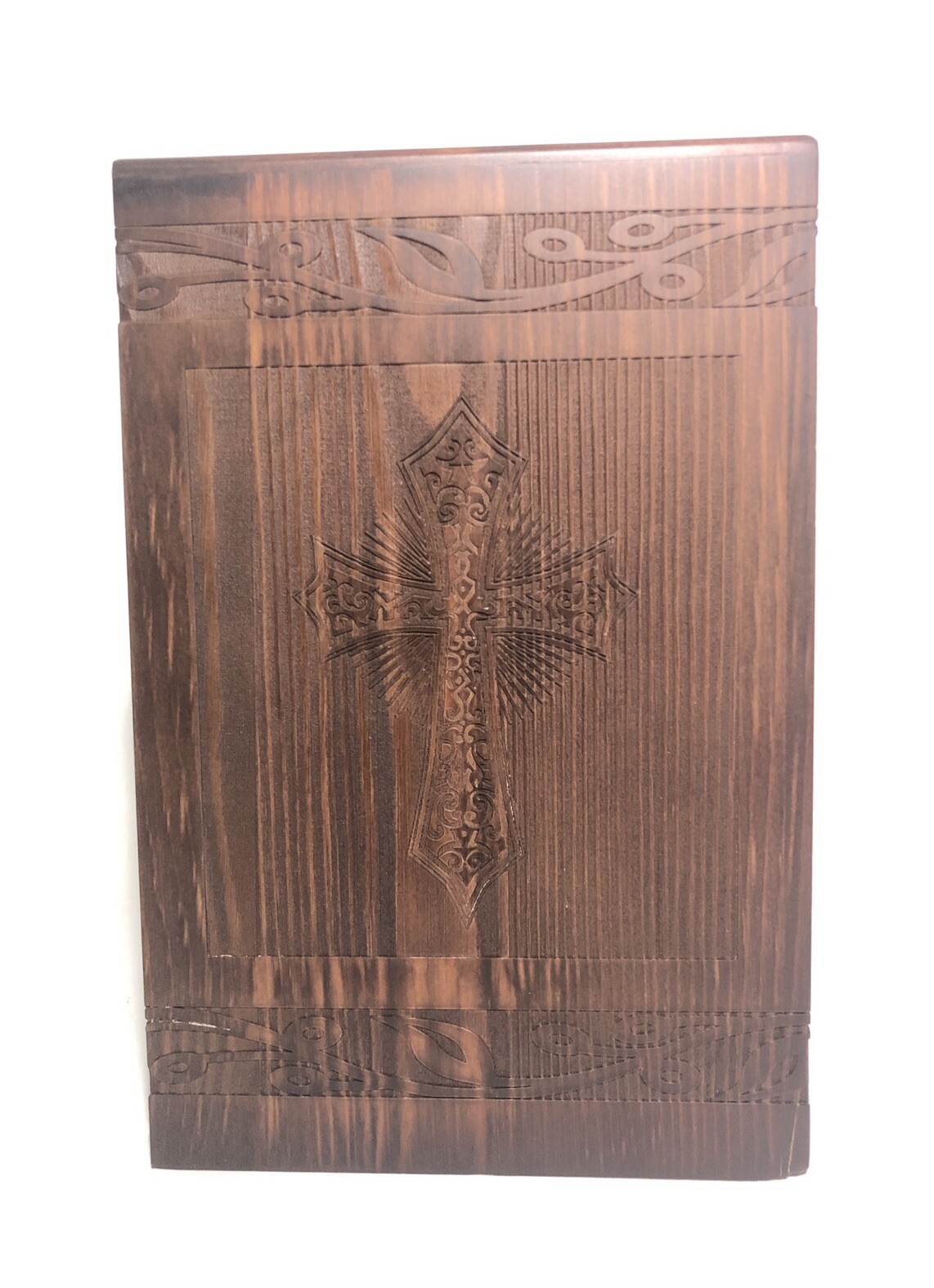 Wood Cremation Urn-222lb Limit, Walnut Stained Pine Wood- Etched Cross Design.