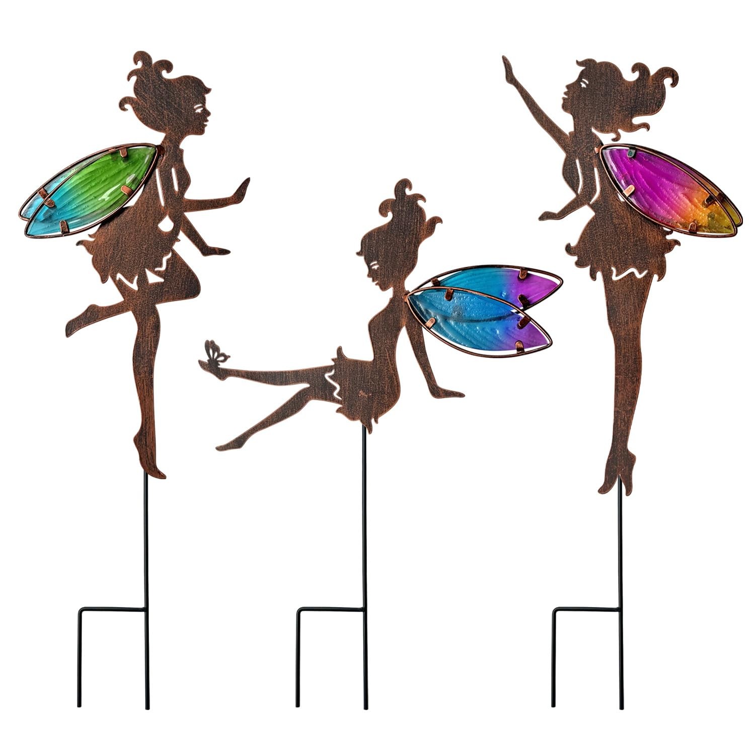 Charming Colorful Wing Fairy Metal Stakes, Outdoor Garden Patio Lawn Yard Decor