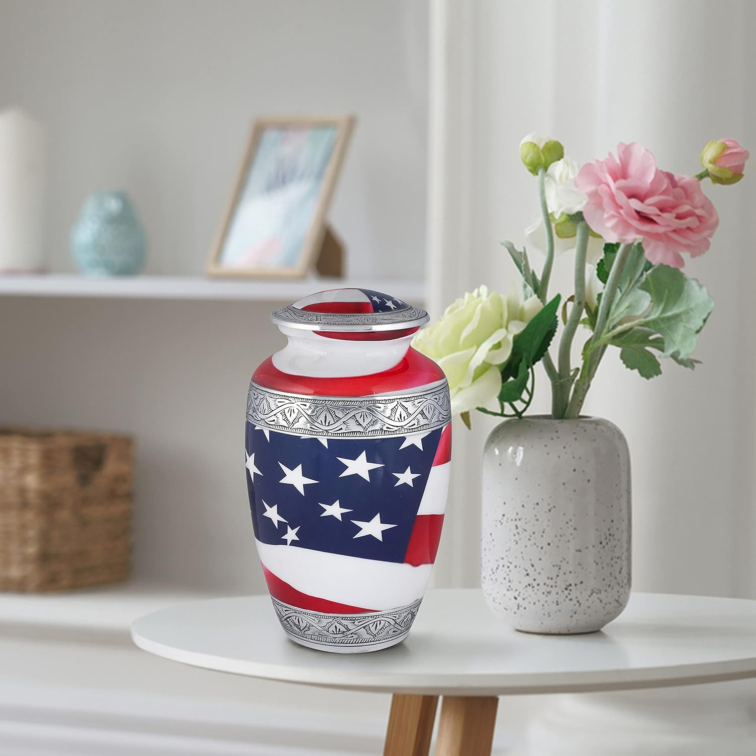 American Flag Hand Engraved Cremation Urn for Adult Human Ashes, Veterans, First