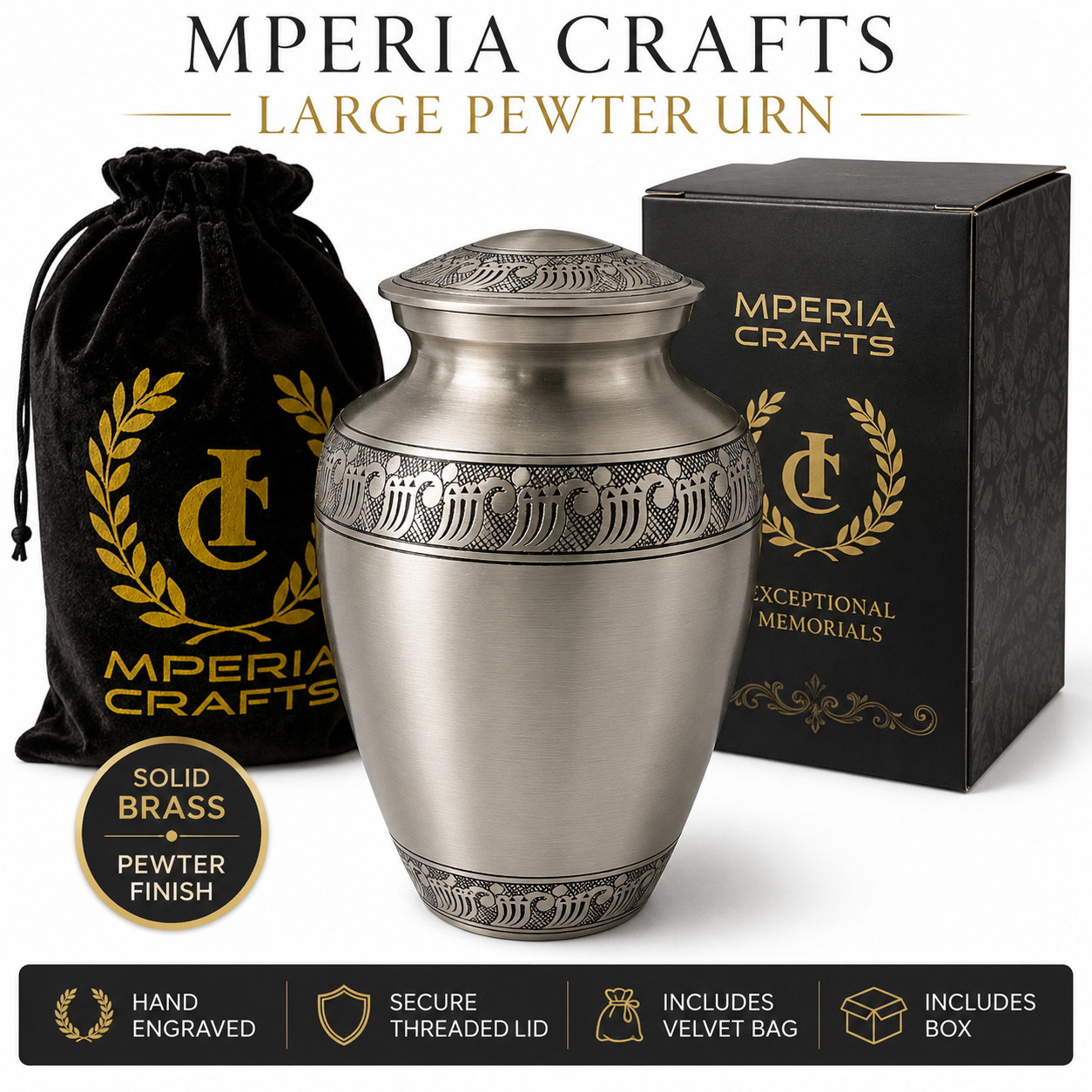 Mperia Crafts Large Brass Cremation Urn Pewter Adult Memorial Urn New in Box