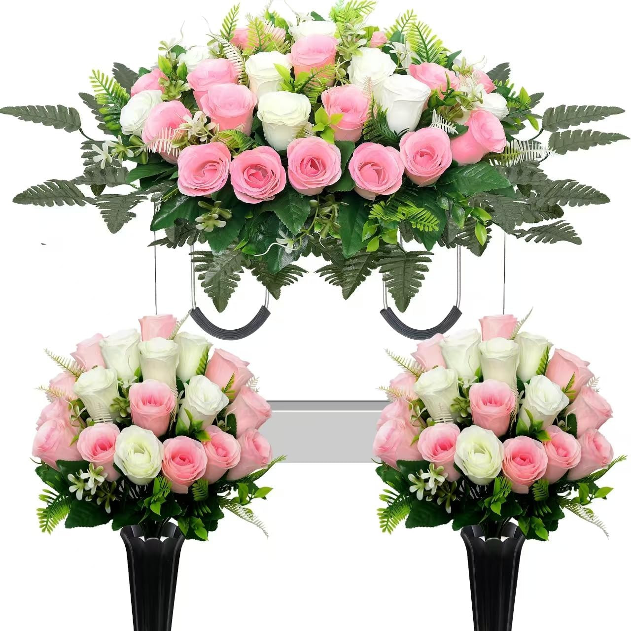 Realistic Large Cemetery Flowers for Grave – 3Pcs Pink White Headstone Decor