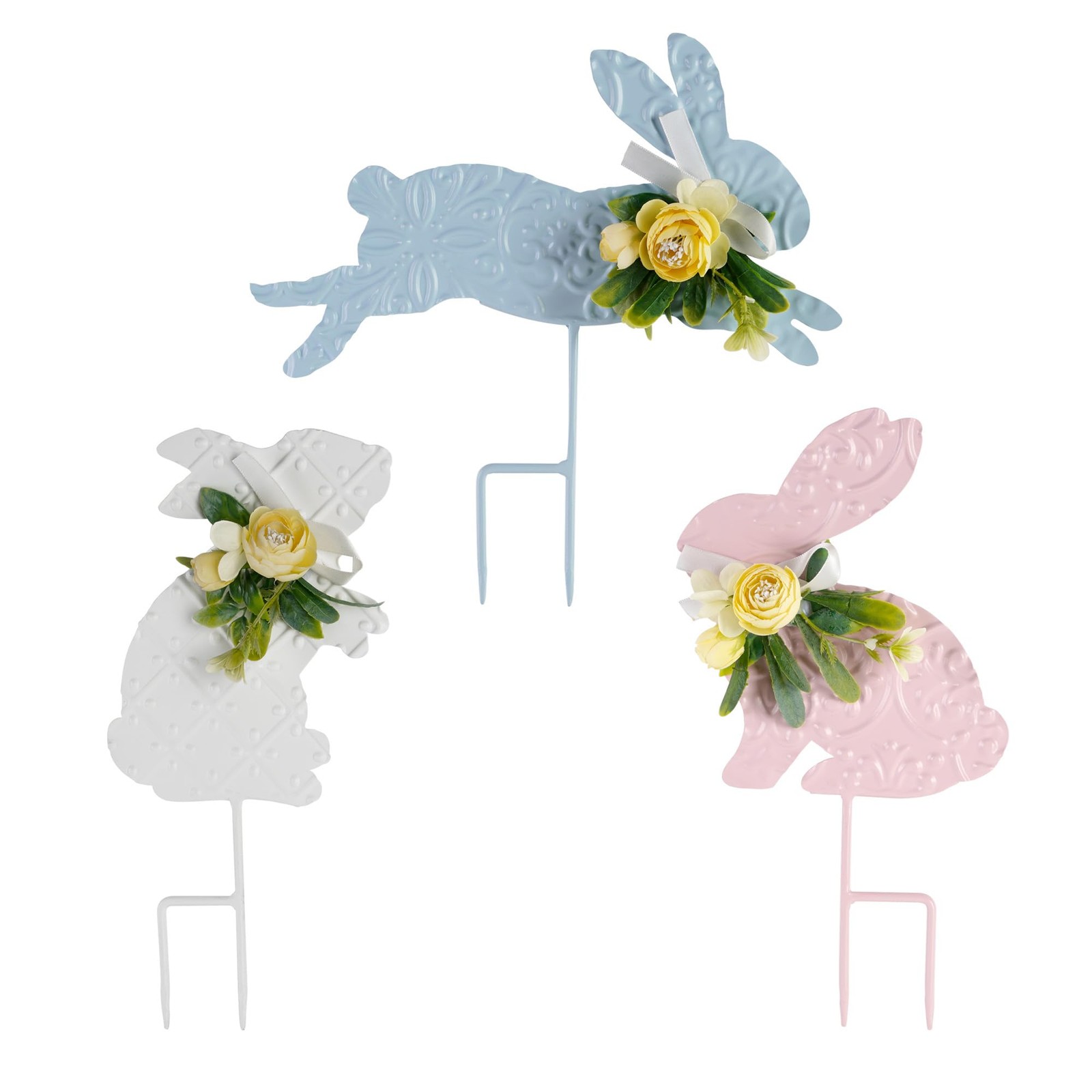 Set of 3 Rabbit Garden Stakes – Blue White Pink Metal Silhouettes with Flower…