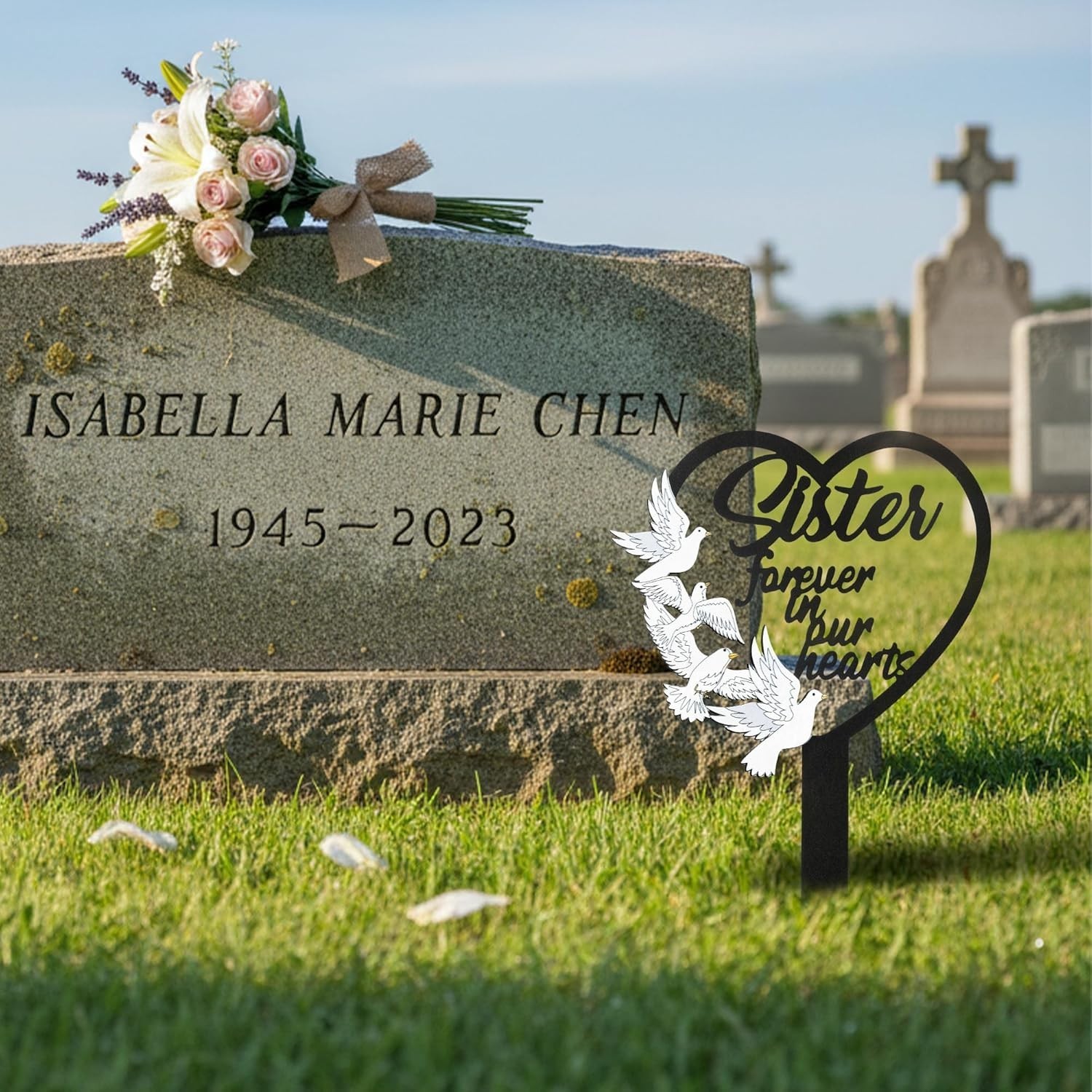 Elegant Sister Memorial Grave Marker – Heart Dove Sympathy Plaque for Outdoor