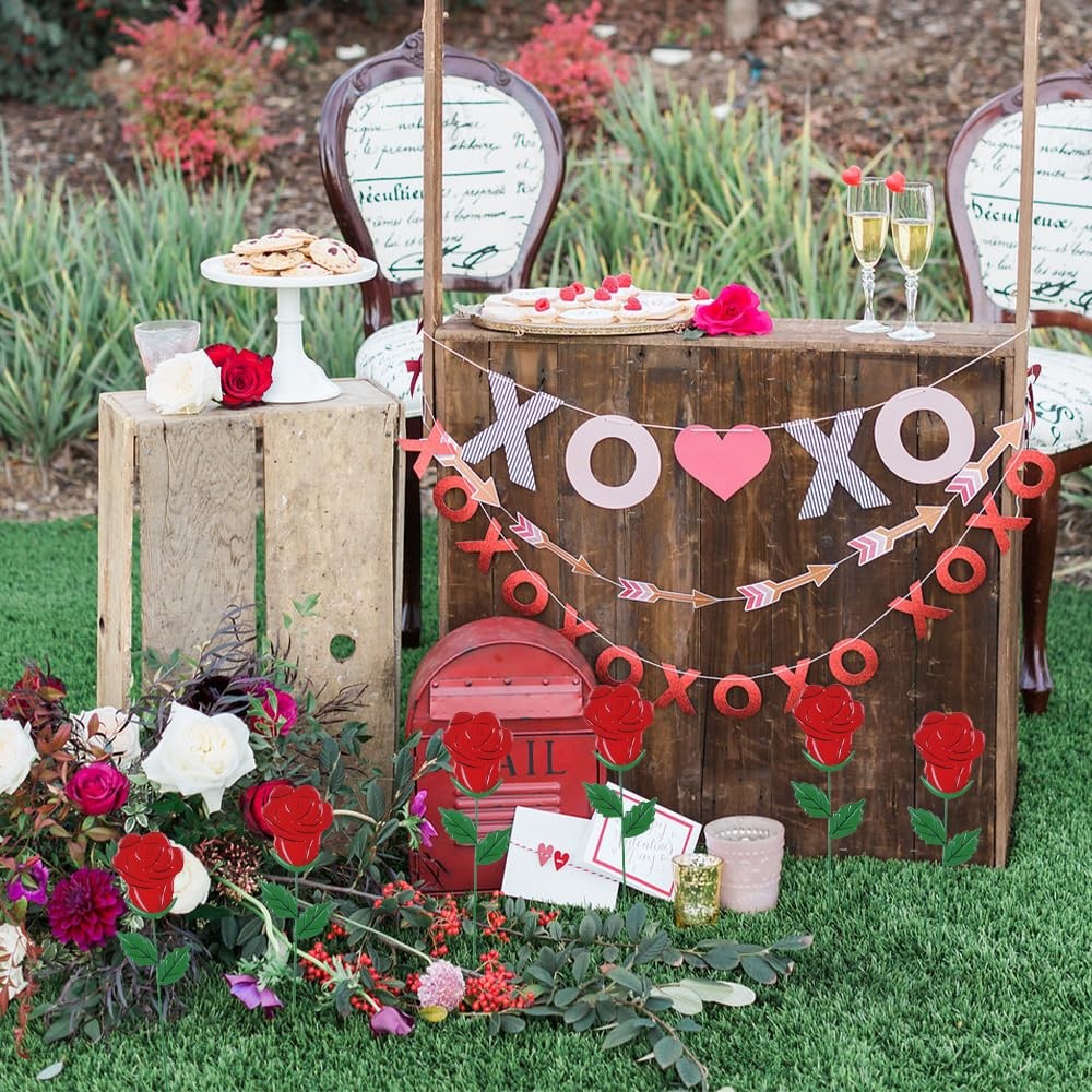 Valentine’s Day Outdoor Decorations Set of 6 Rose Metal Garden Stakes