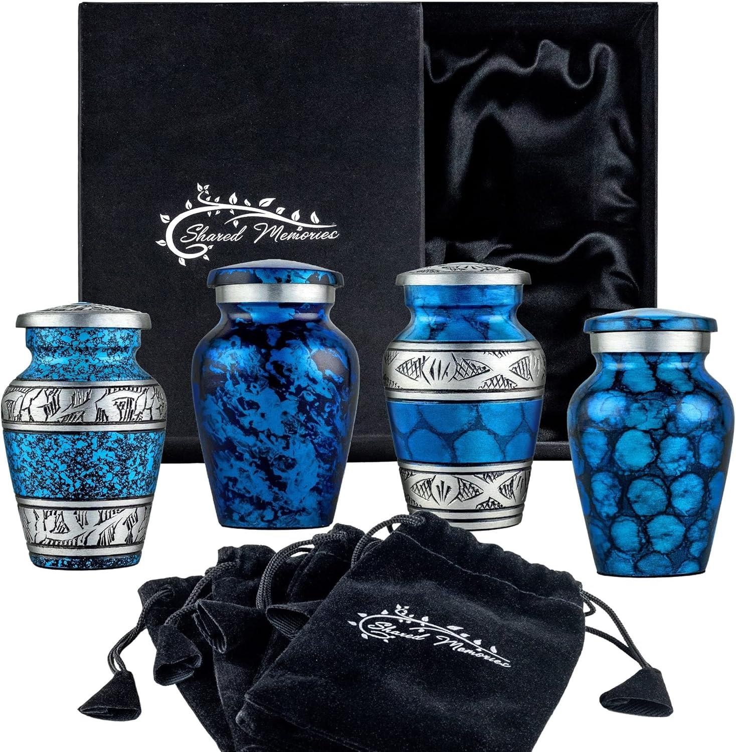 Cremation Urns – 4 Small Mini Urns for Human Ashes in Keepsake Box (Blue, 4)