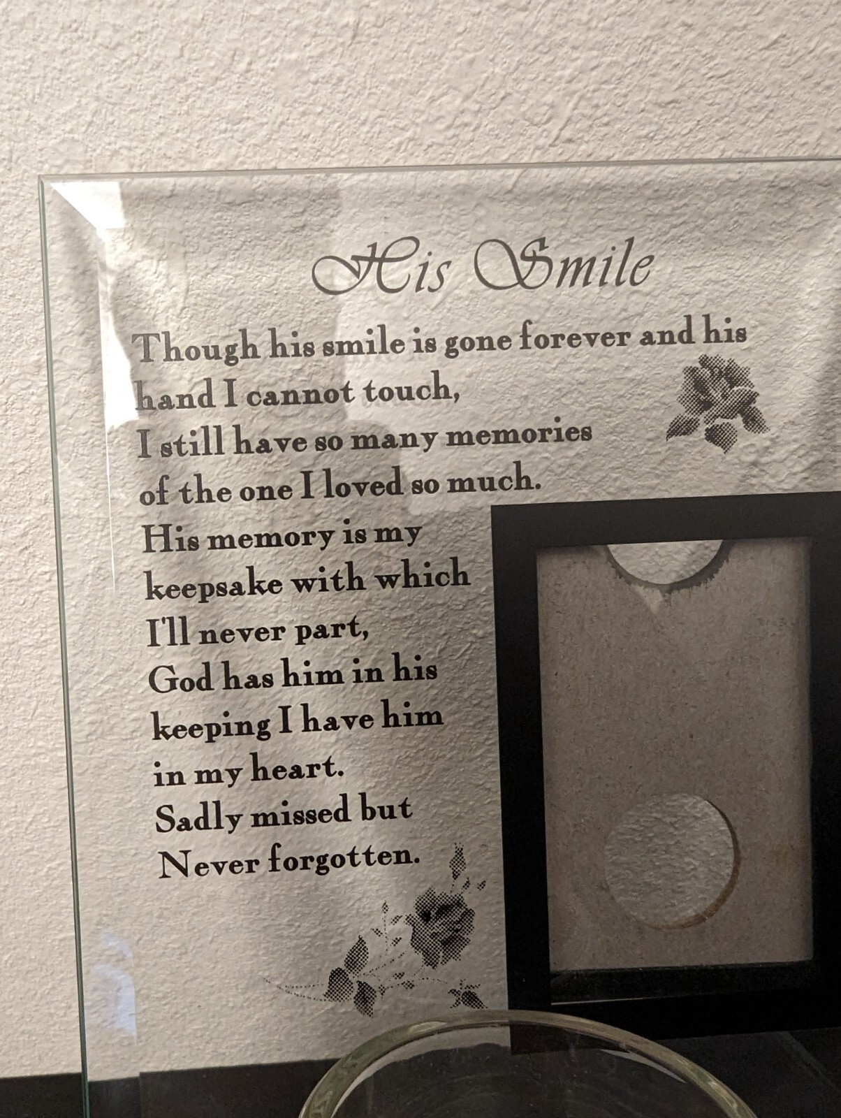 HIS SMILE glass memorial candle holder & photo frame w/ battery votive Included