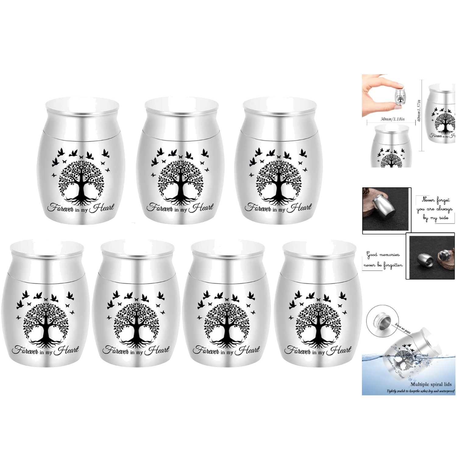 Forever in My Heart – 7 Mini Stainless Steel Ashes Urns with Velvet Bags