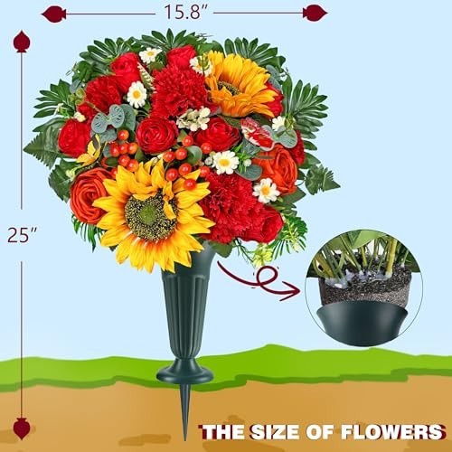 Cemetery Flowers with Grave Vase & Headstone Saddle – Red Sunflower, Rose, Daisy