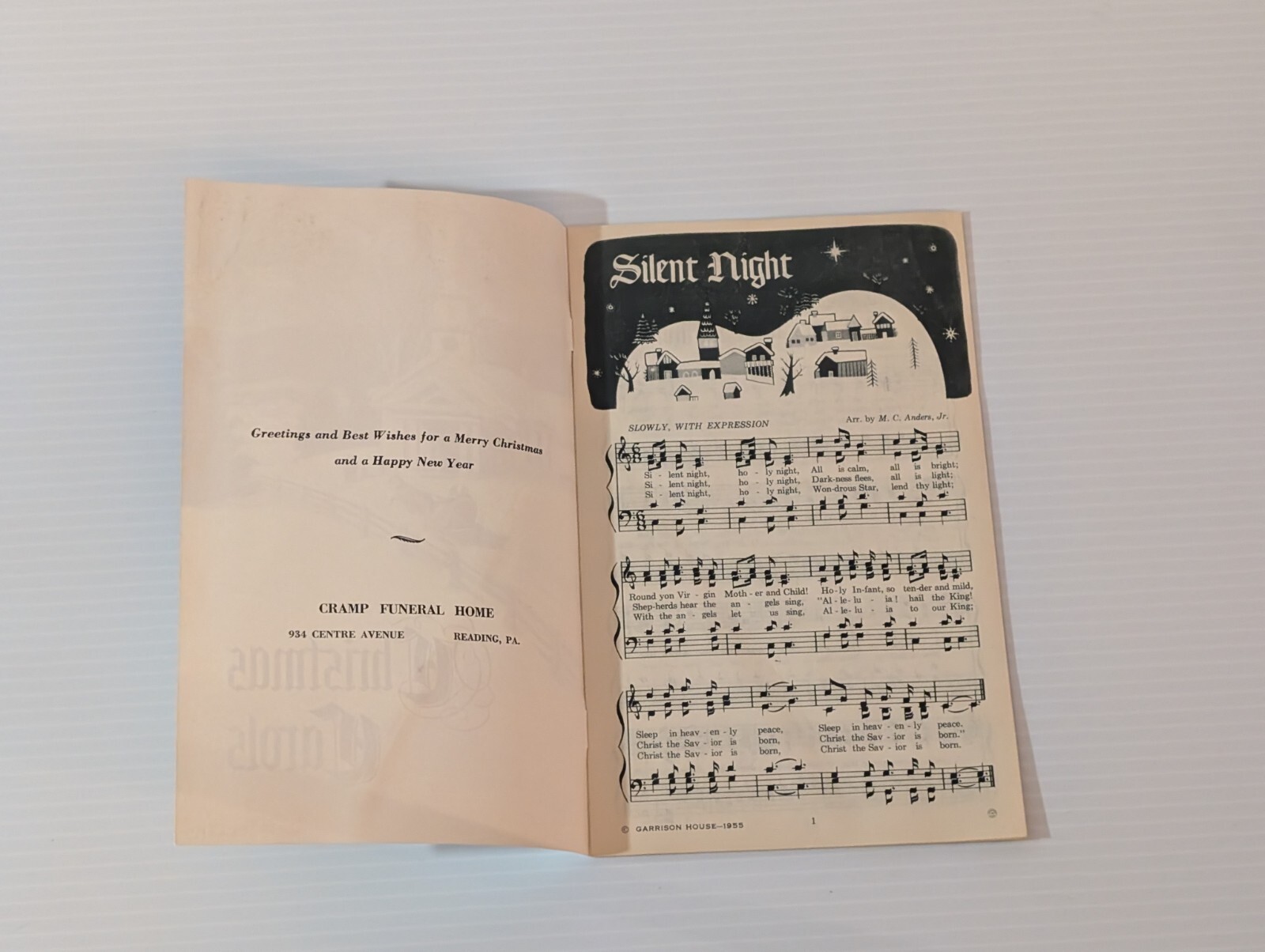 Vintage CHRISTMAS CAROLS Cramps Funeral Home Reading PA Grif Teller