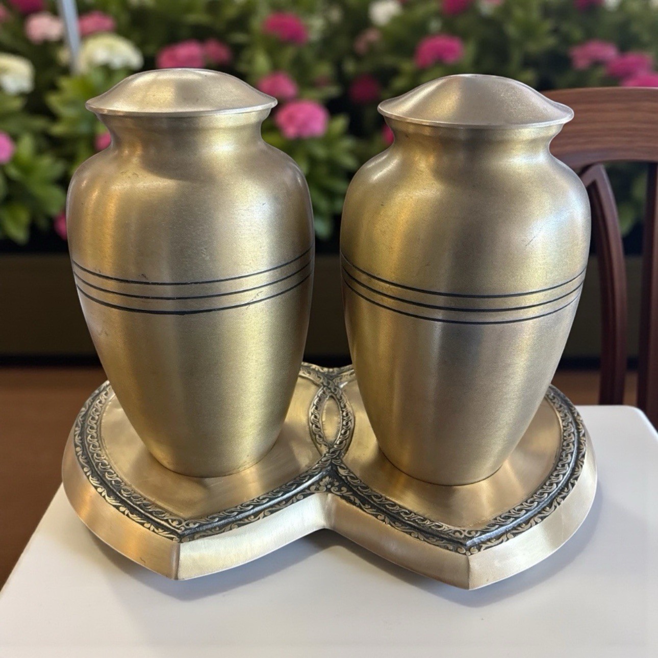 Companion Brass /Bronze Finish Creamation Urns With Elegant Heart Base ~Defects