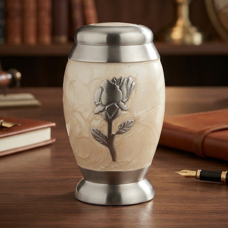 Paper weight Pearl White/Cream Floral Design w/ Silver-Tone Metal