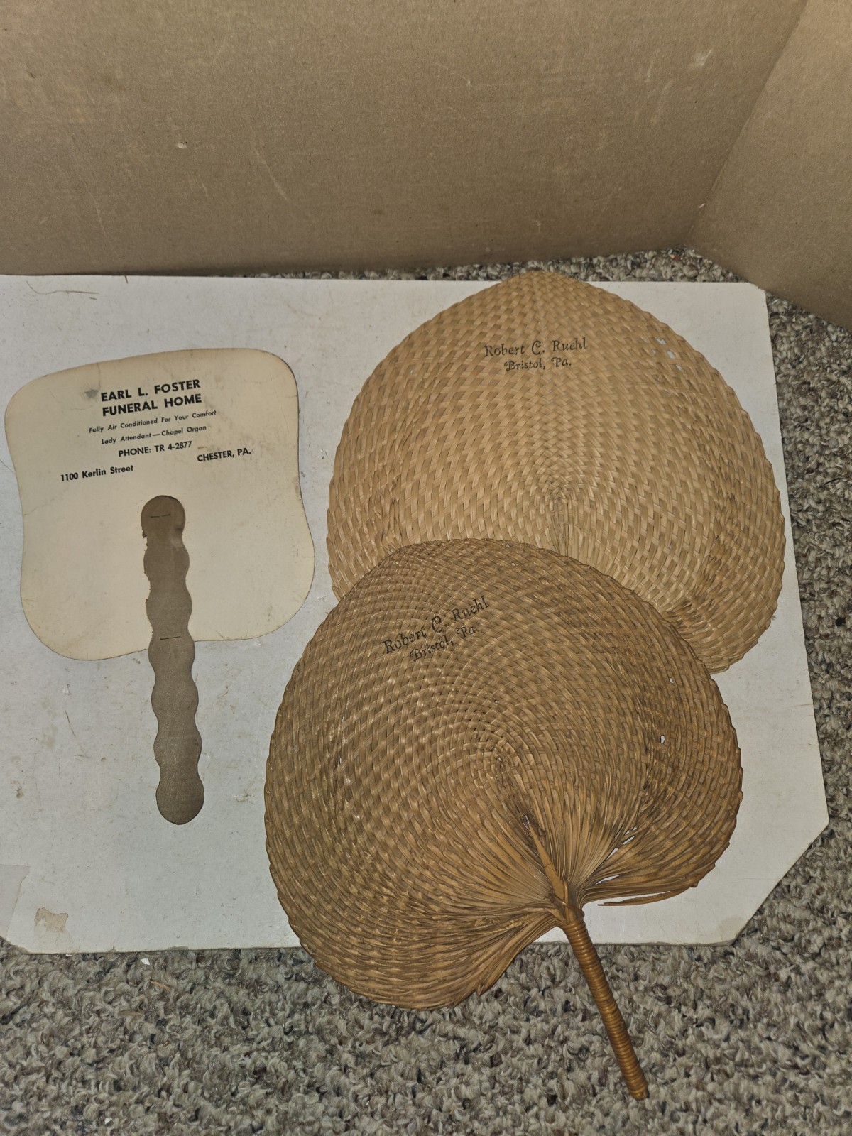 3 Vintage 50s/60s Funeral Home Fans,Foster Chester,Ruehl Bristol,Woven Palm Leaf