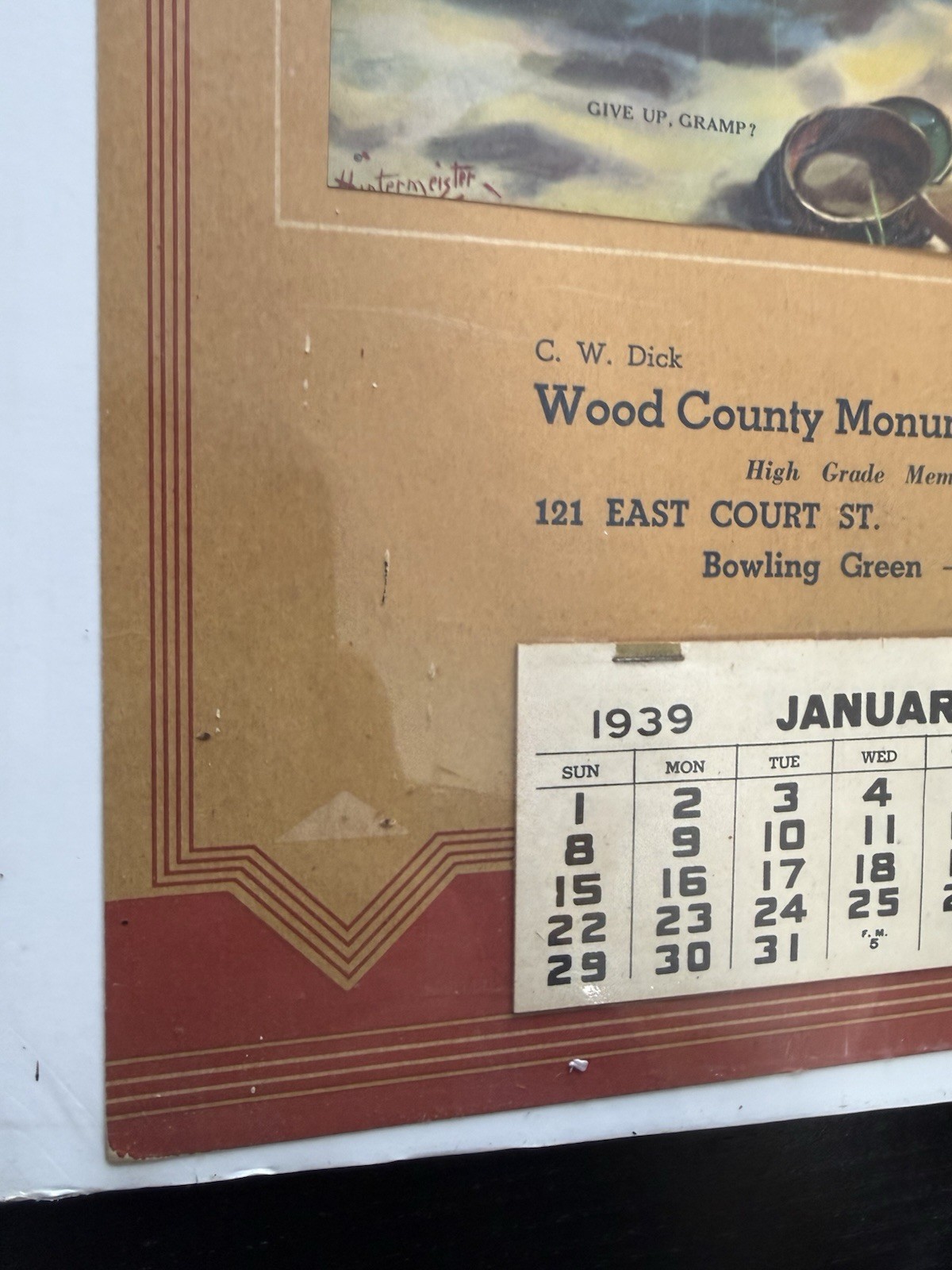 1939 Wood County Monumental Works Old Vintage Calendar Cemetery Memorial Grave