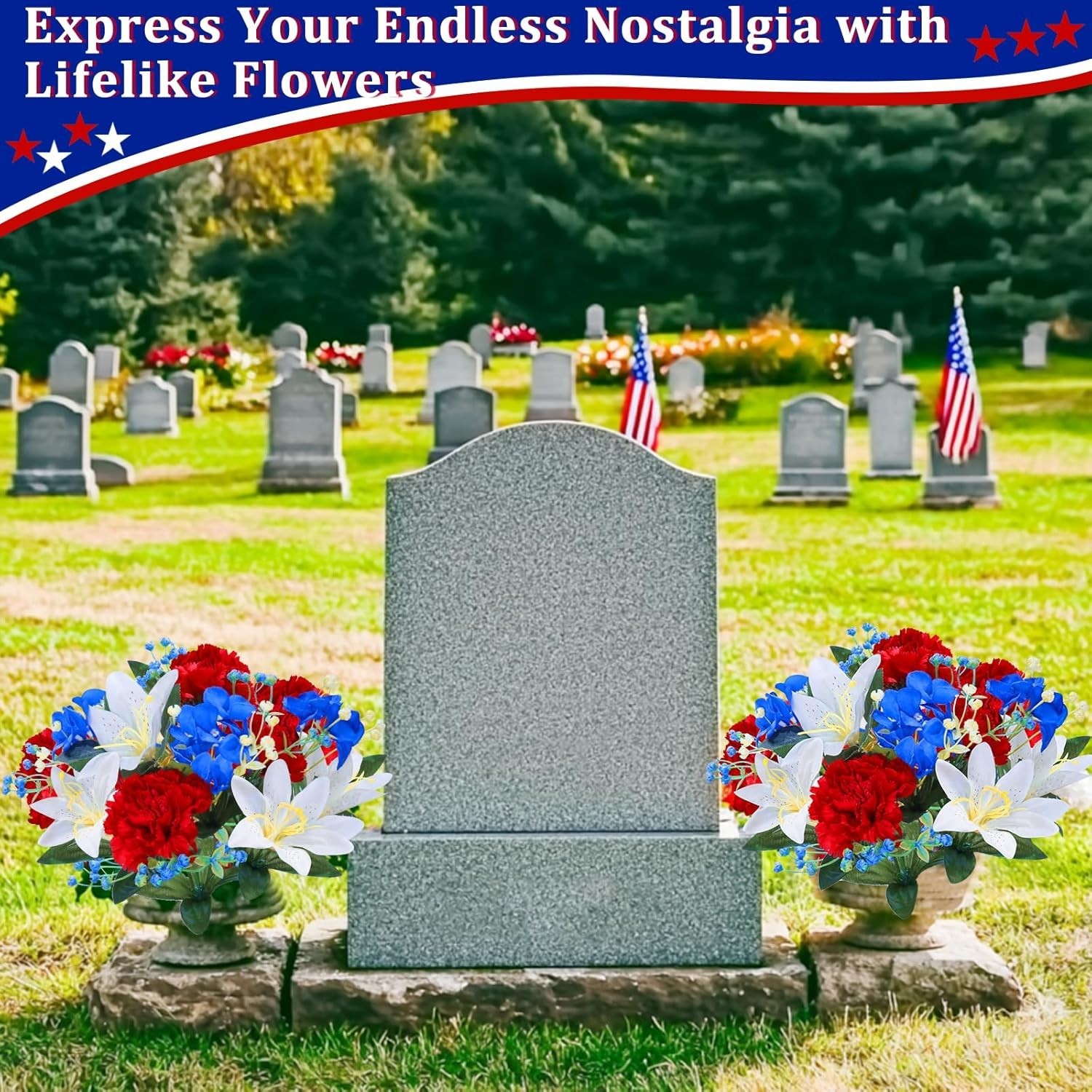 22 Heads Cemetery Flowers for Grave, 2 Bunches Artificial Flowers Patriotic Memo