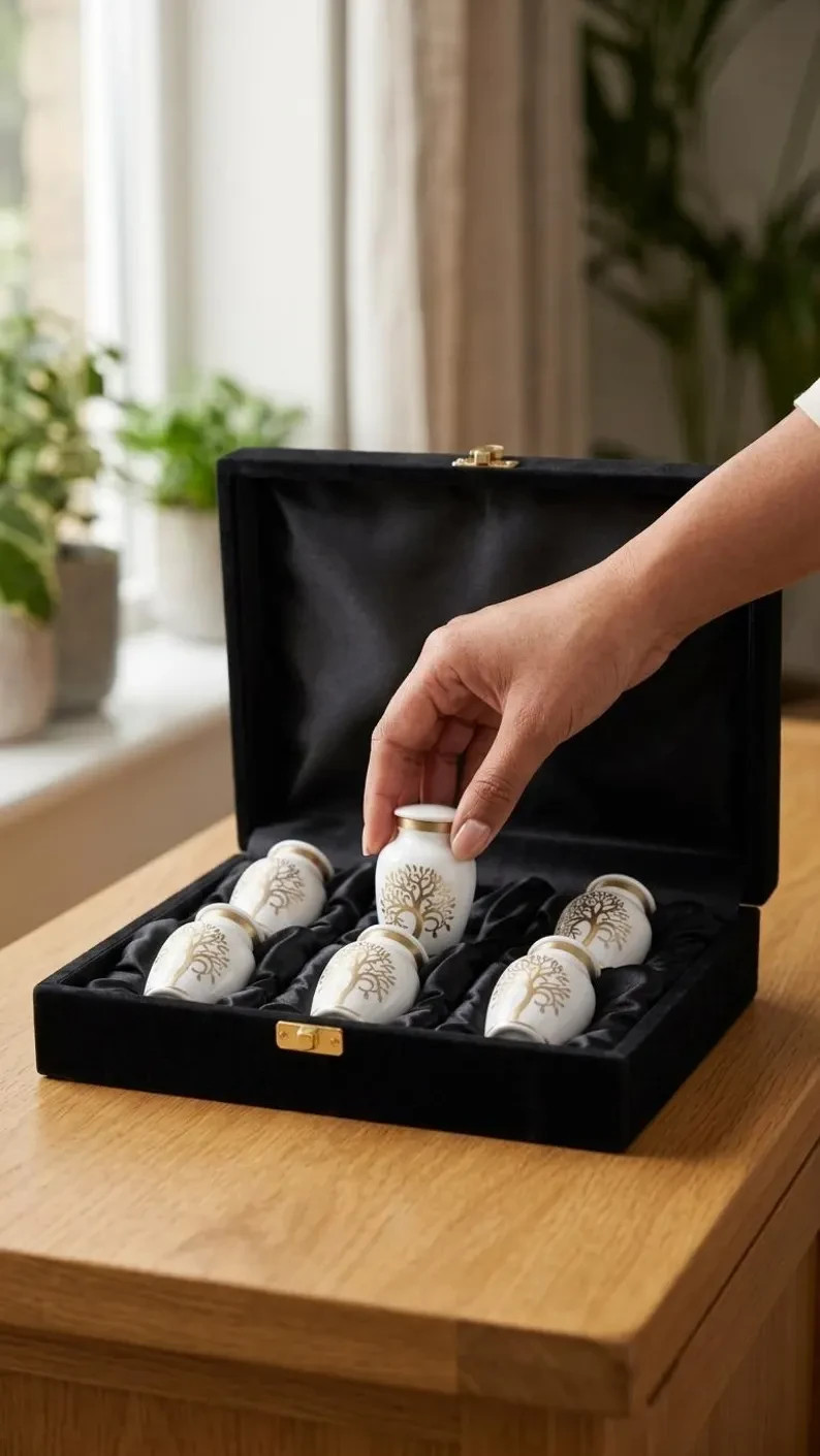 Set of 6 White Brass Keepsake Urns | Gold Tree Life Cremation Ashes