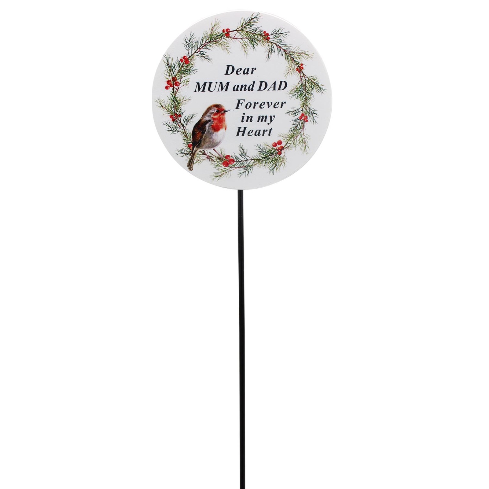 Graveside Memorial Plaque on a Stick with Robin and Wording – Mum and Dad