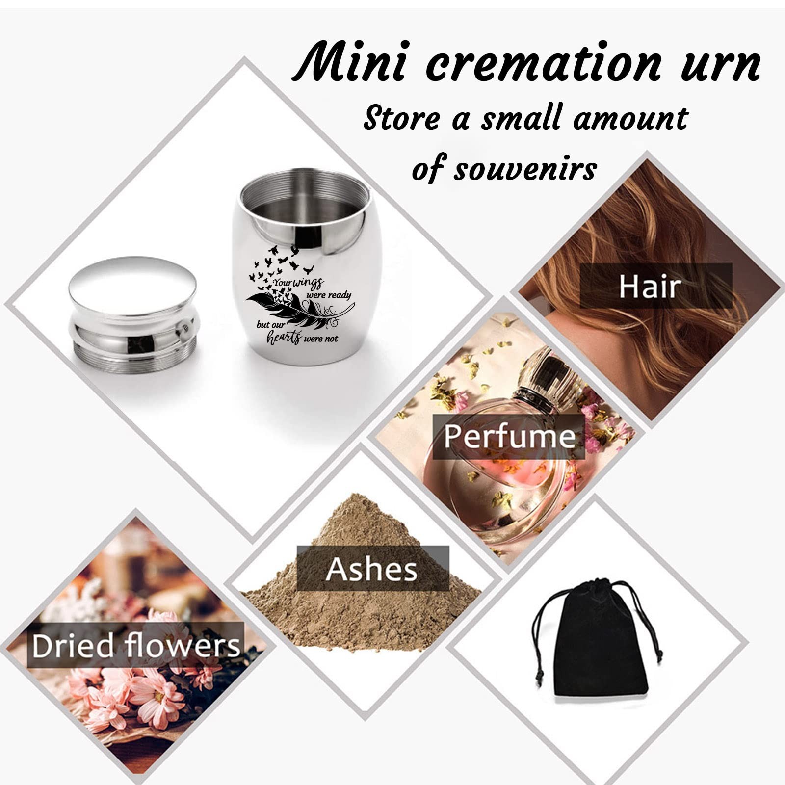 Small Keepsake Urns for Human Ashes – Set of 6 – Share Urn with Black/Silver