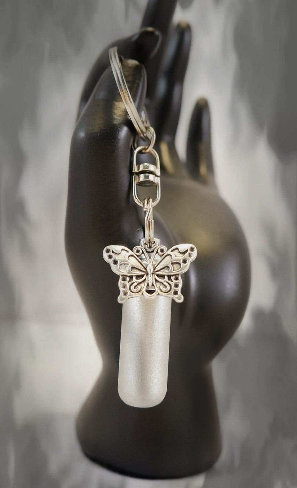 Brushed Silver Cremation Urn w/BUTTERFLY on Swivel Stainless Steel Keychain
