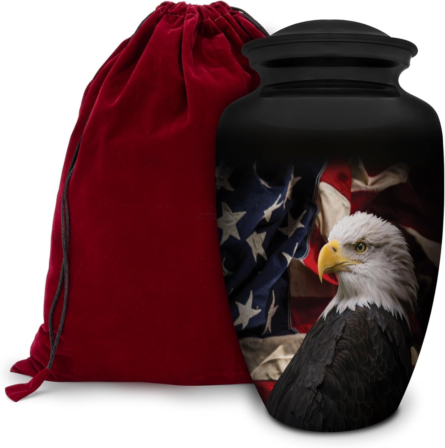 Beautiful Handmade Cremation Urn with Eagle and Flag – Secure & Durable Design