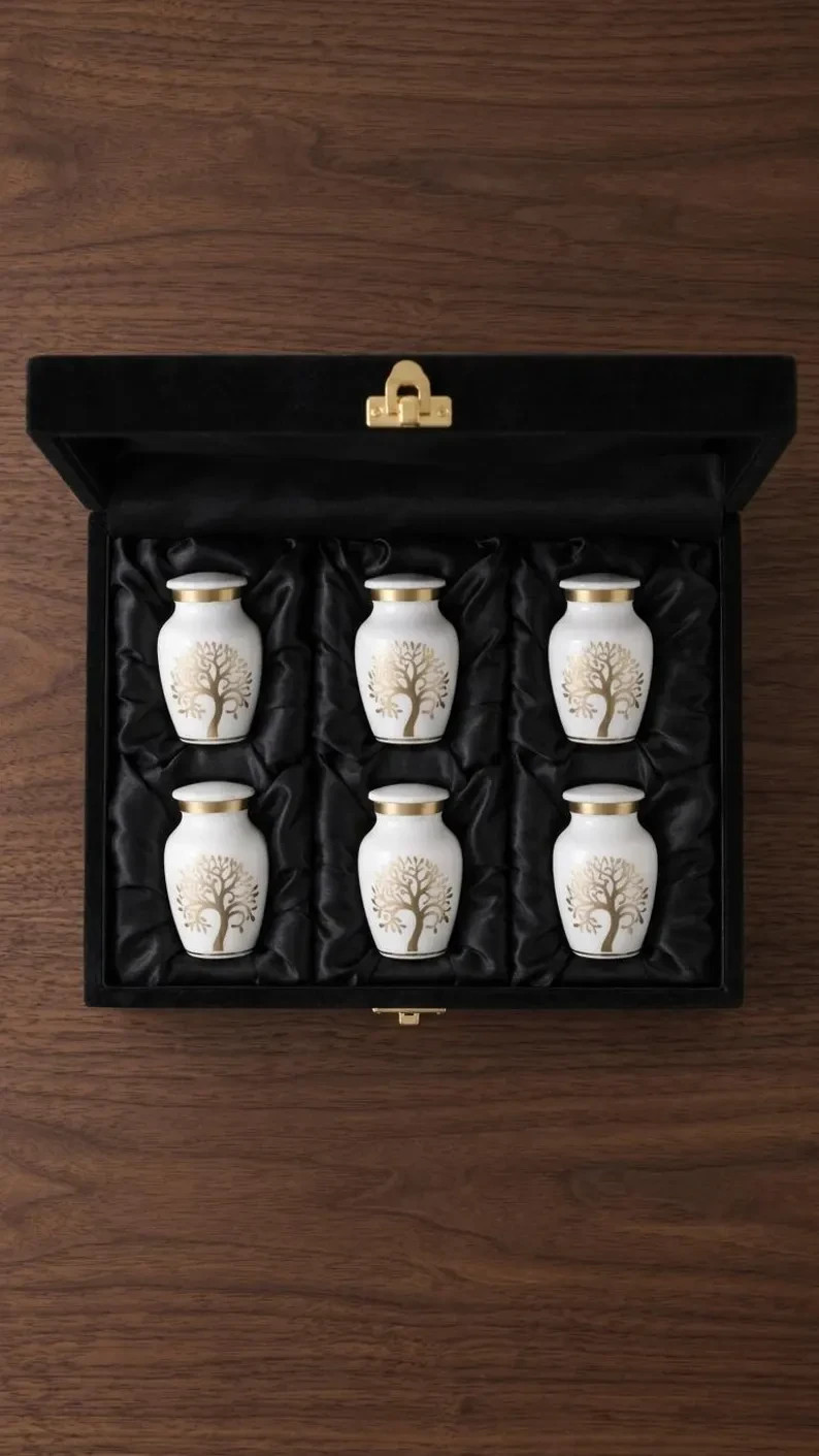 Set of 6 White Brass Keepsake Urns | Gold Tree Life Cremation Ashes