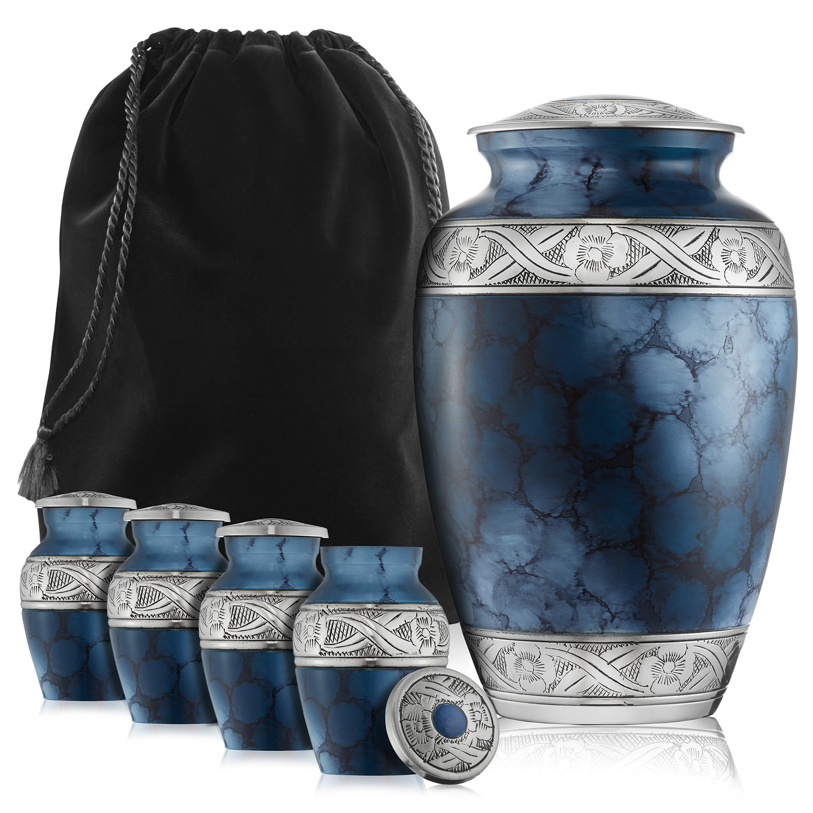 Set of 5 Decorative Cremation Urns – 1 Adult + 4 Keepsake, Blue