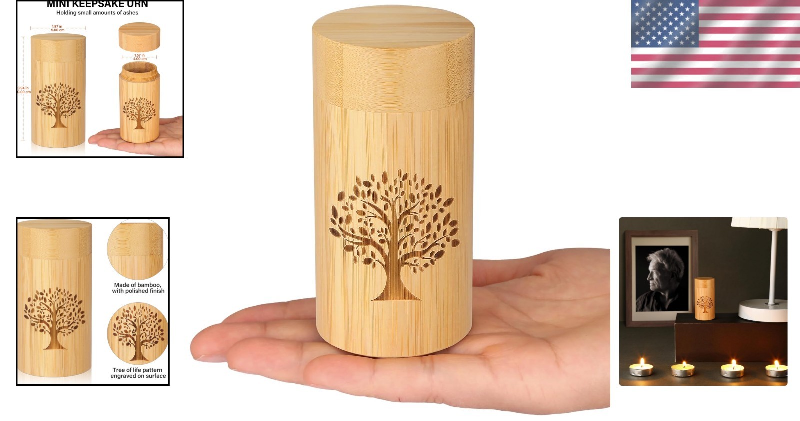 Beautiful 7.5 Cubic Inches Keepsake Urn with Tree of Life – Bamboo Cremation Urn