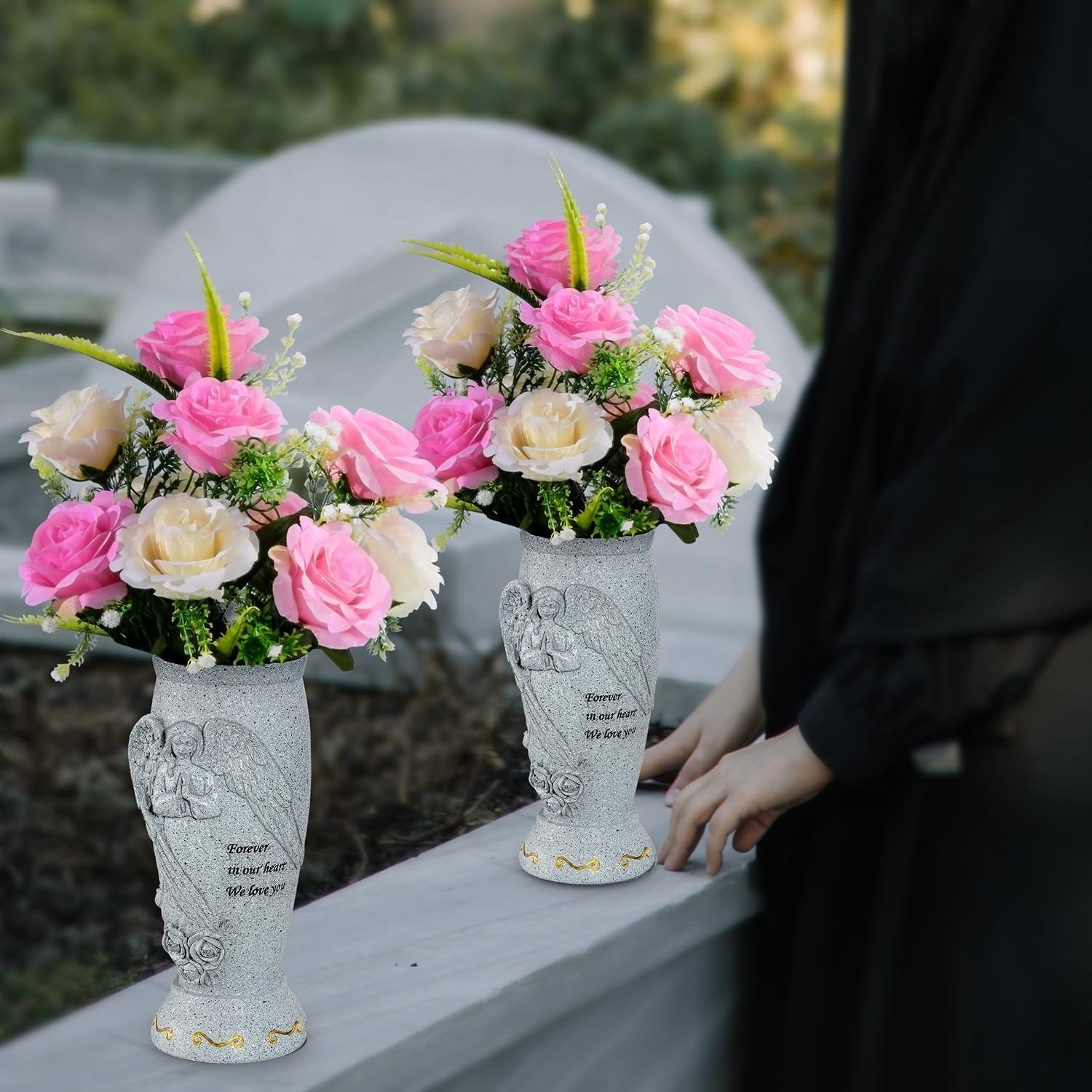 Cemetery Vase, Memorial Grave Vase With Ground Spikes, Angel Vases, 2 Pieces