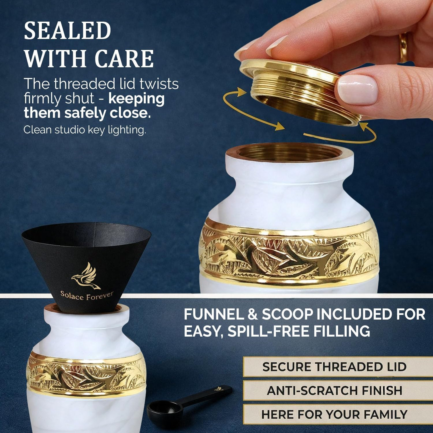 Small Urns for Human Ashes Keepsake – Handcrafted White Memorial Urn with Brass