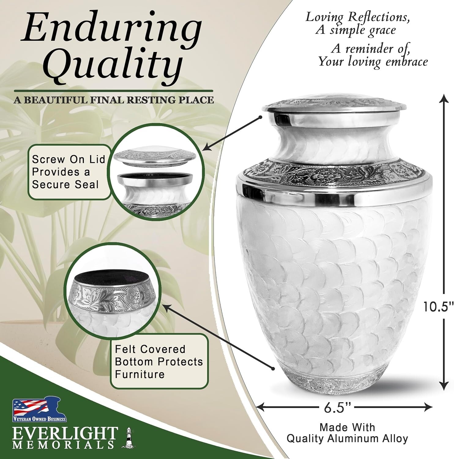 White Reflections Adult Cremation Urn for Human Ashes, Large with Velvet Bag