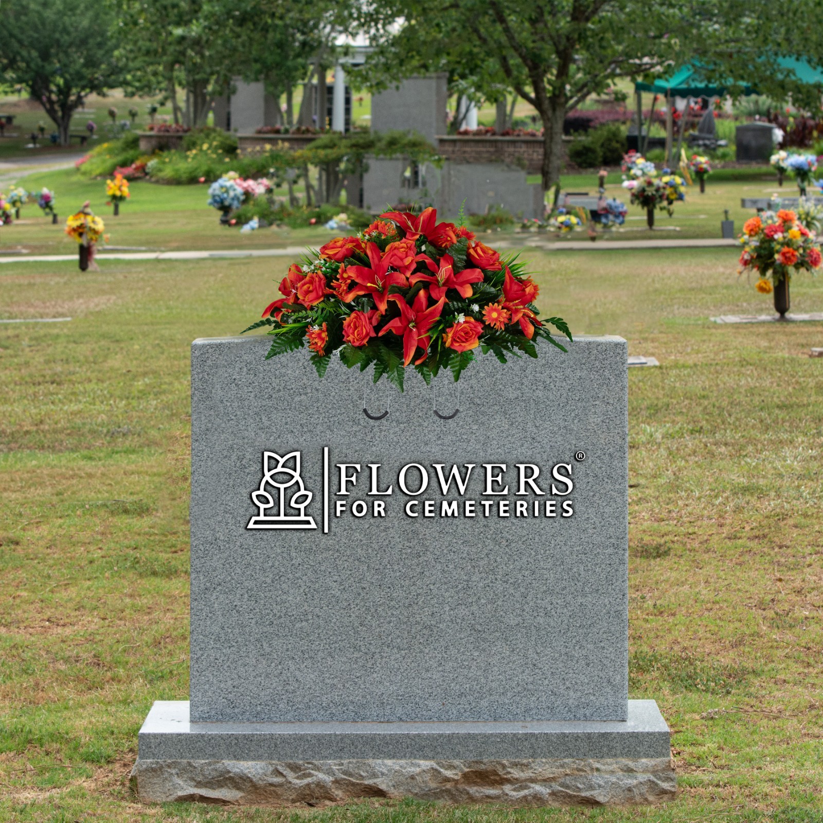 Artificial Headstone Arrangement- Fire Red Lily, Rose, and Daisies Saddle