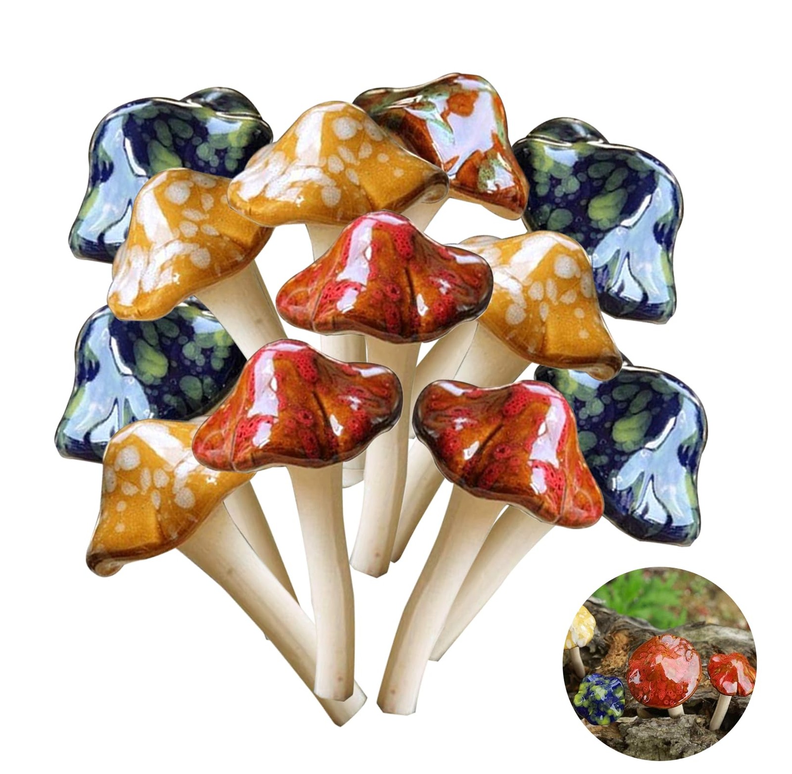 12 Piece Ceramic Garden Mushrooms – Fairy Garden Lawn Ornaments 4.52″