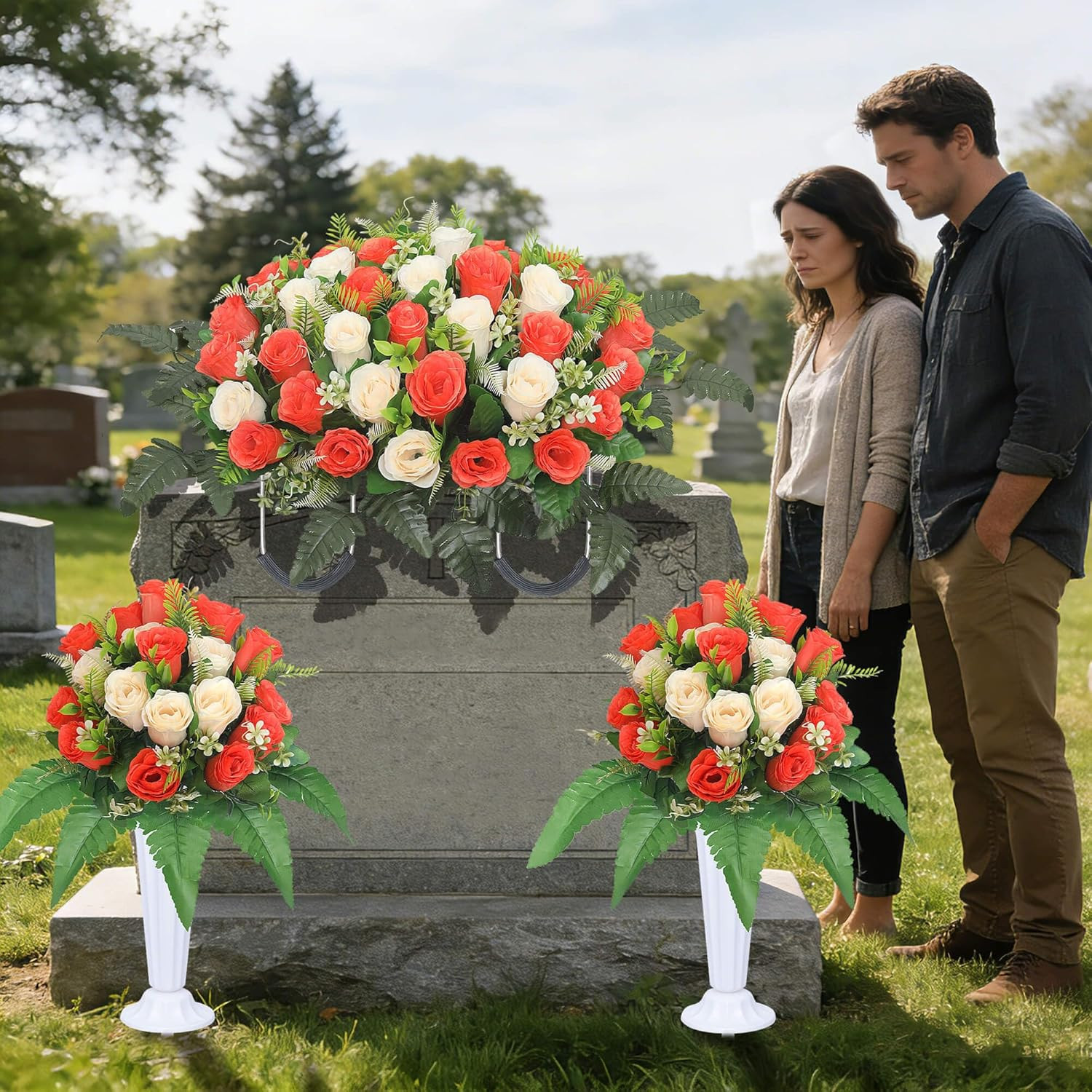 3 Pcs Artificial Cemetery Flower Saddles with Vases for Grave Decoration
