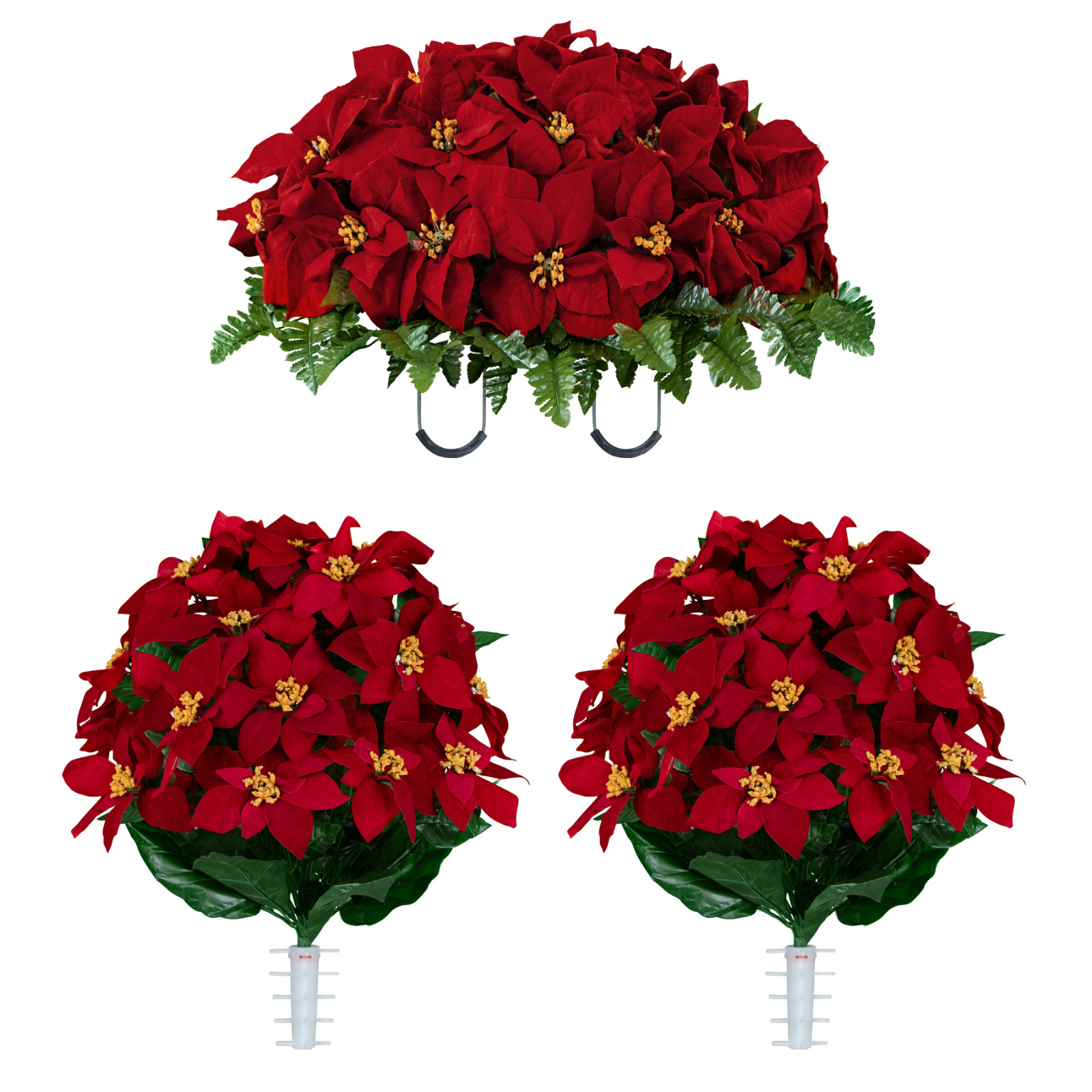 Artificial Cemetery Flowers – Red Poinsettia Saddle and 2 Bouquets