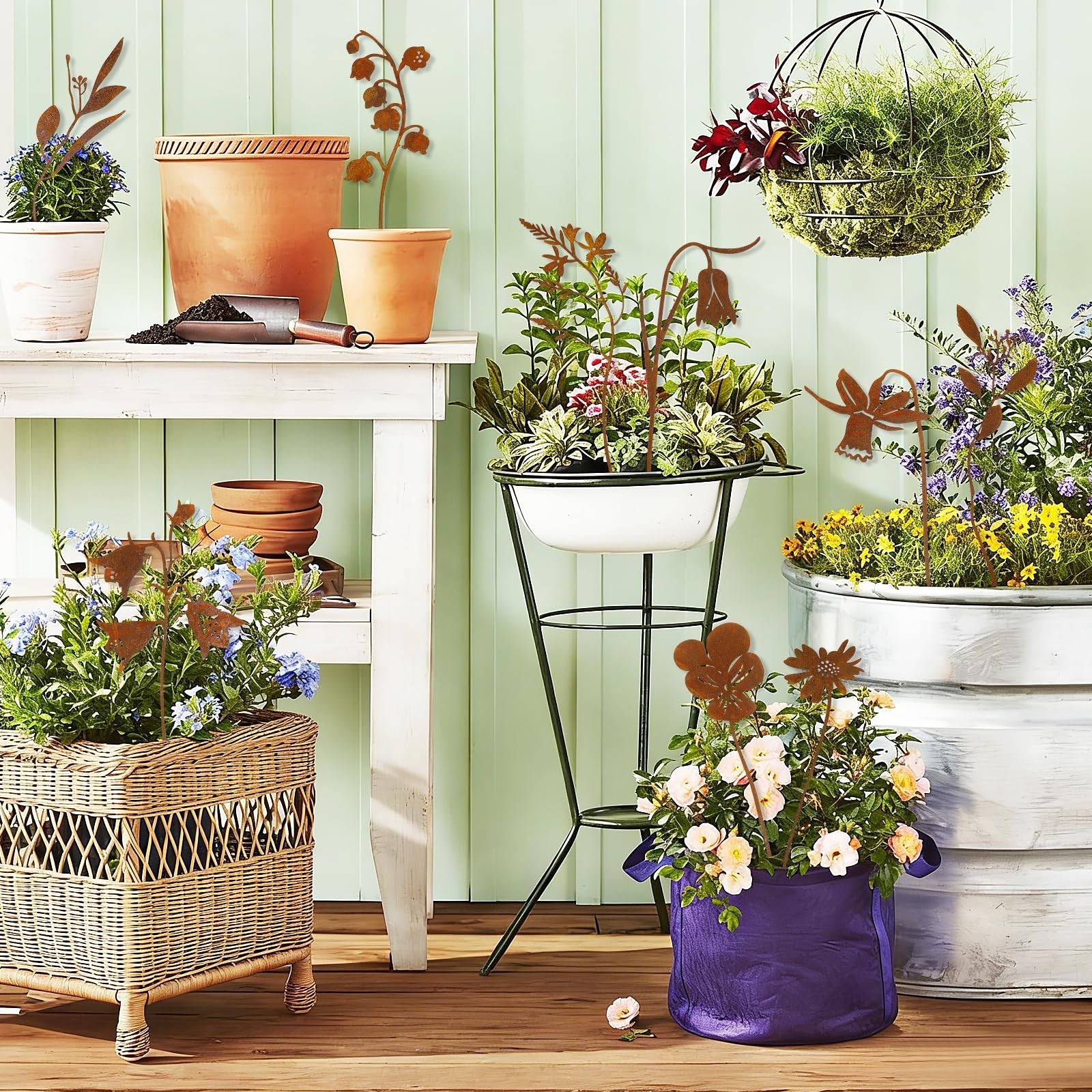RumonZS 9 Pcs Rusty Metal Flowers Rustic Spring Plants Rusty Metal Garden Sta