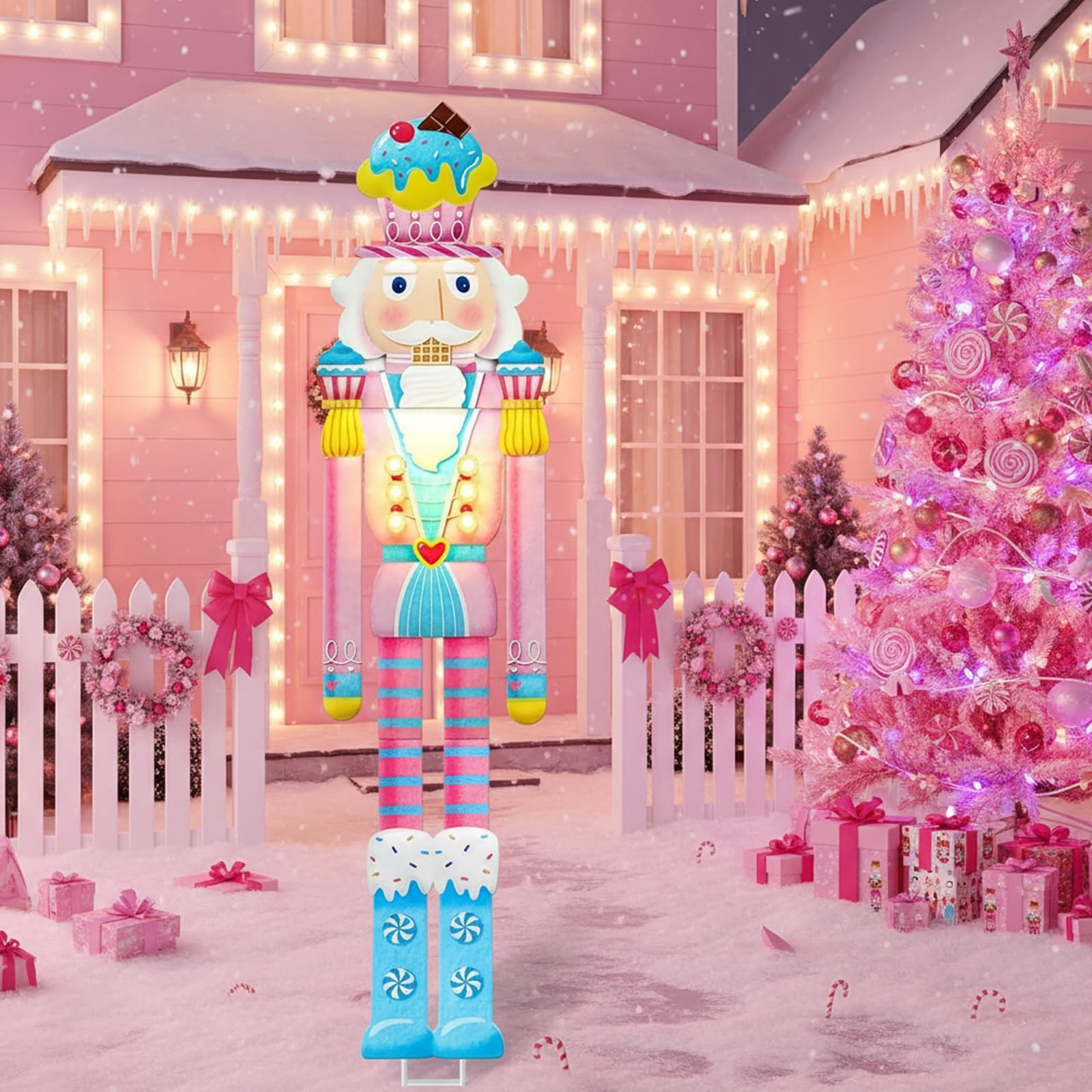 39” Outdoor Pre-lit Christmas Pink Nutcracker Yard Sign Candy Cane Theme Yar…