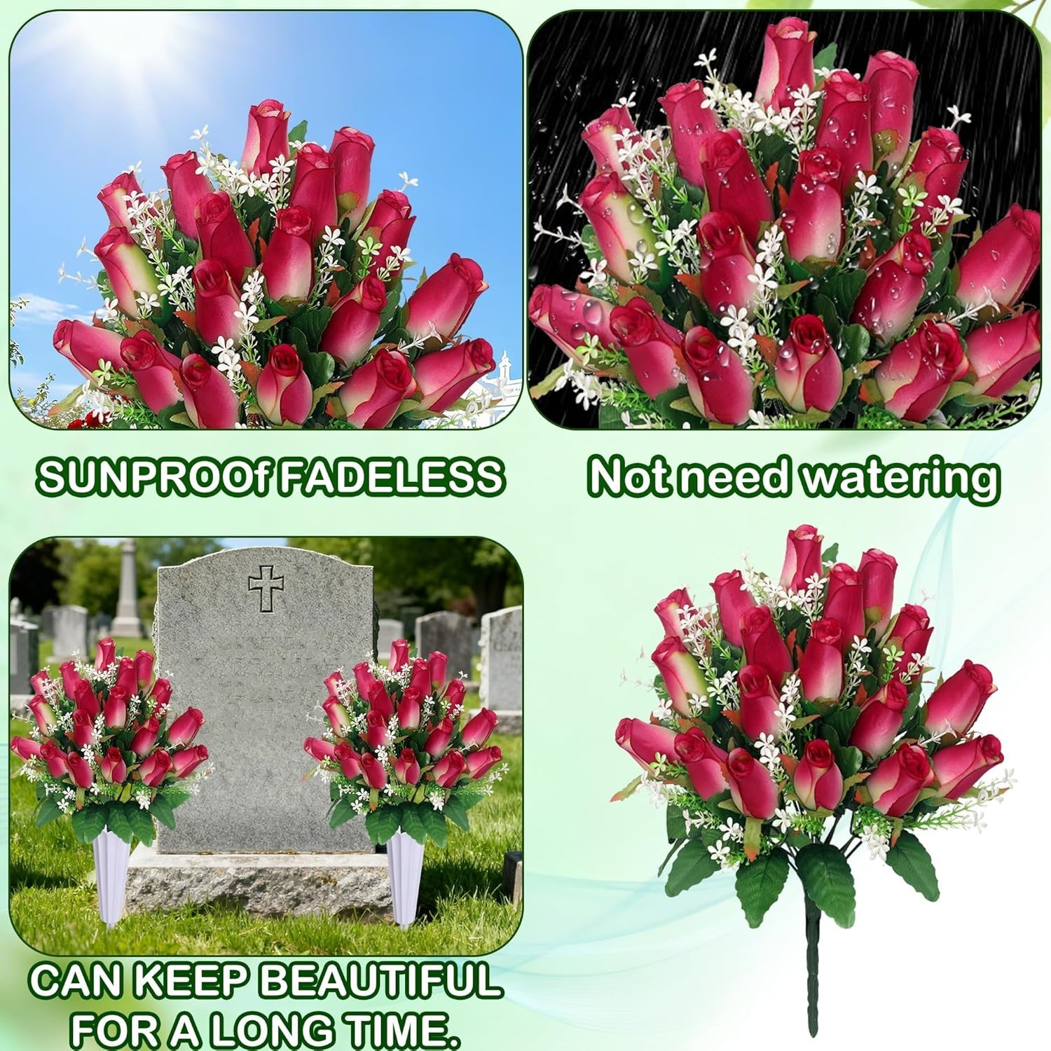 Forever Blooming Pink Rose Grave Decorations – Durable Outdoor Floral Set