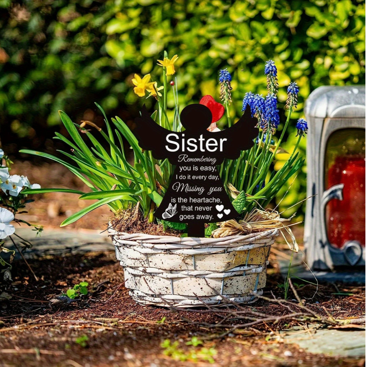 Miss You Memorial Headstone/Graveside Stake for Sister- Black/White, 8″x5″