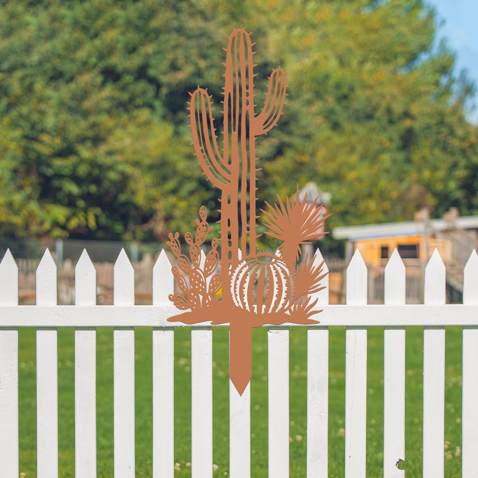 Desert Cactus Metal Garden Stake 2-in-1 Southwestern Yard Patio Wall Decor