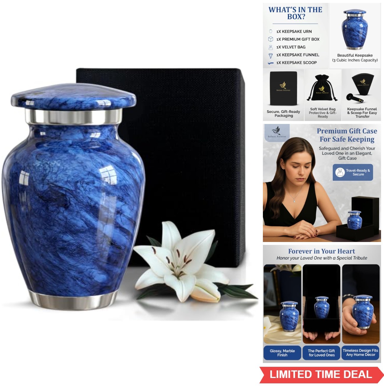 Small Cremation Urn Blue Aluminum Threaded Lid Velvet Bag Gift Box