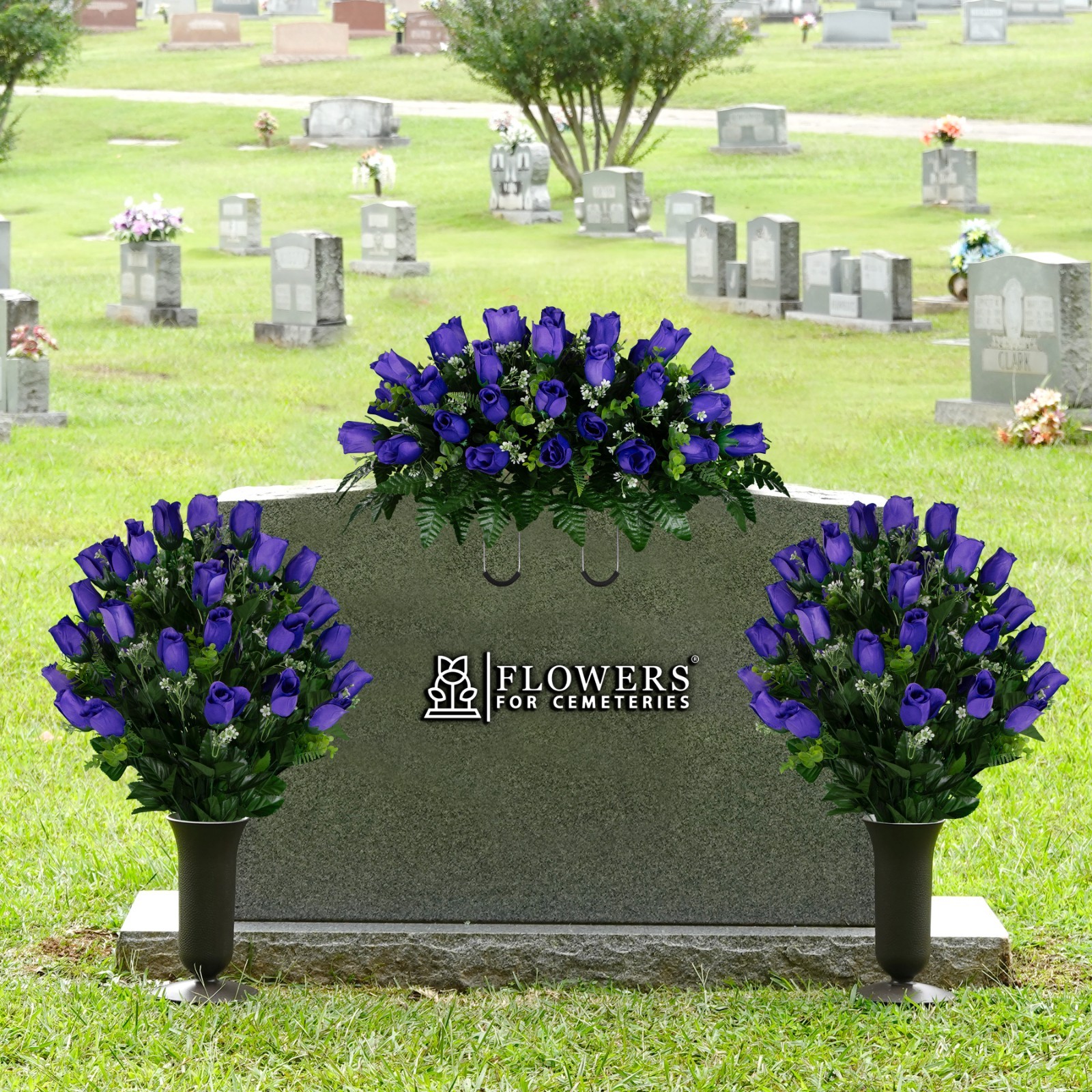 Artificial Cemetery Flowers – Purple Rose Saddle & 2 Matching Bouquets