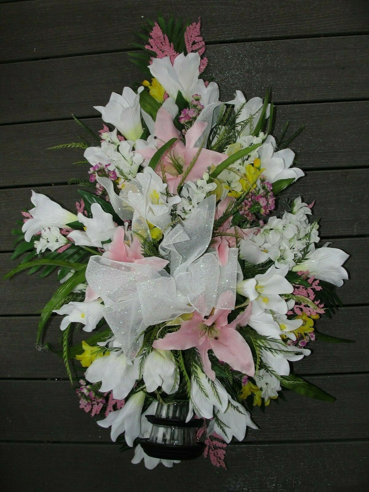 Standing Cemetery Grave Pillow Spray Solar Light Multi Color White Pink Lilies