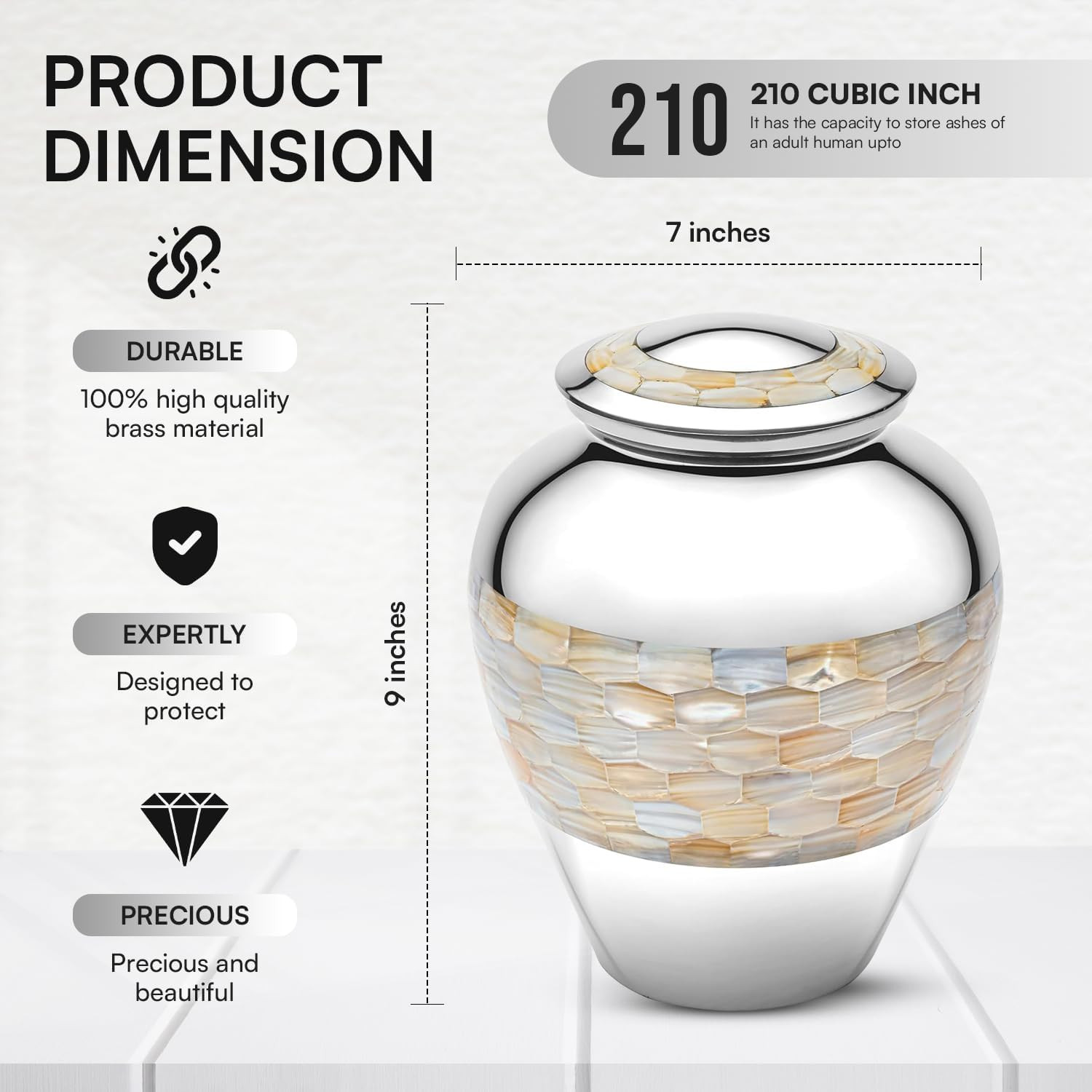 Elegant Brass & Mother of Pearl Cremation Urn for Adults with Velvet Bag