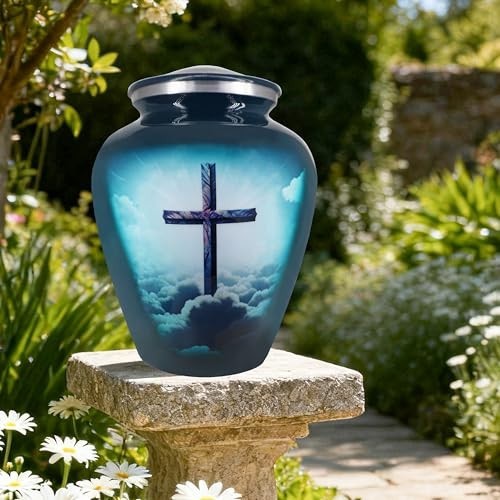 Cremation Urns for Human Ashes – Large Decorative Burial Urn with Religious Cros