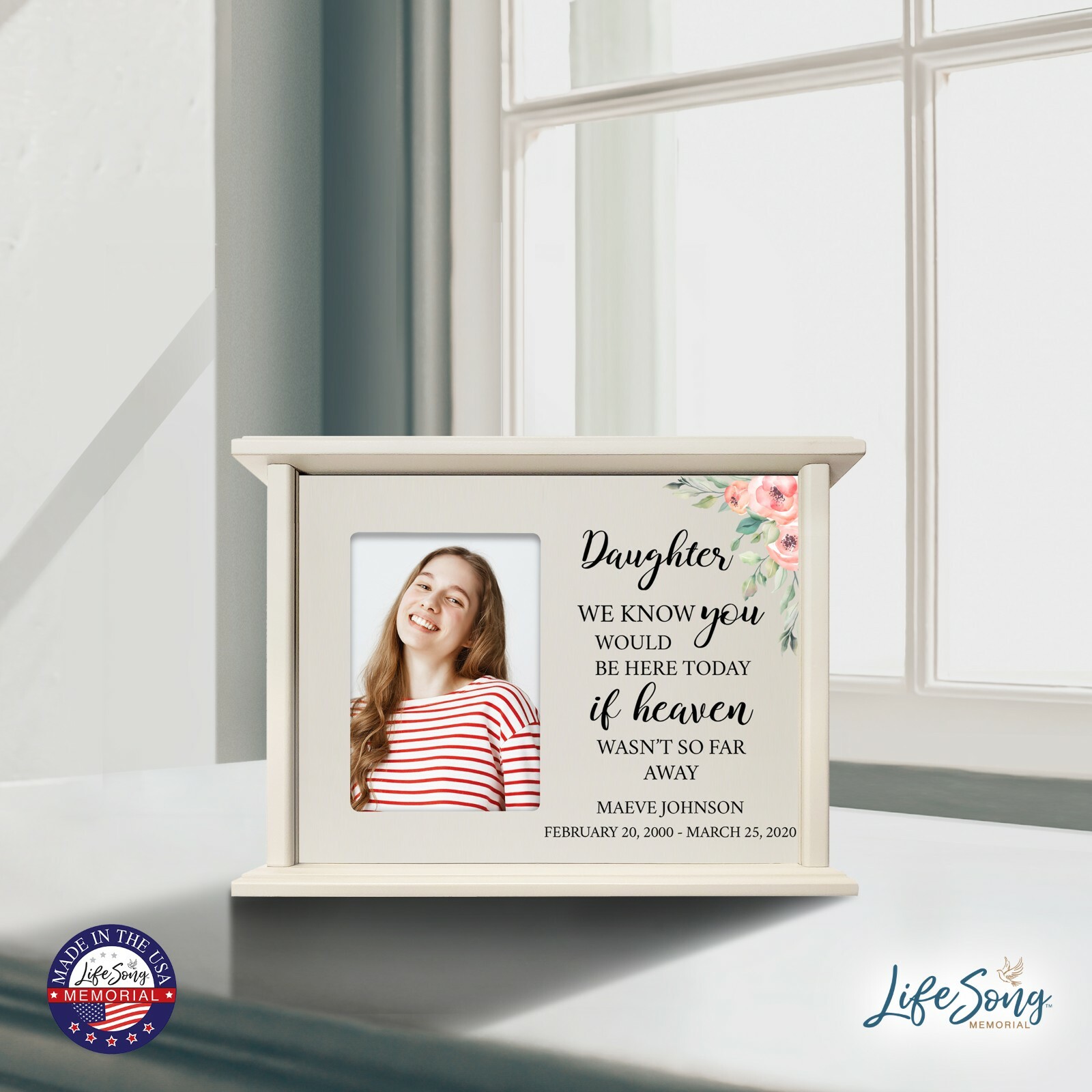 Custom Cremation Urn Box Holds 200 cu in w/ 4×6 Photo – We Know You (Daughter)