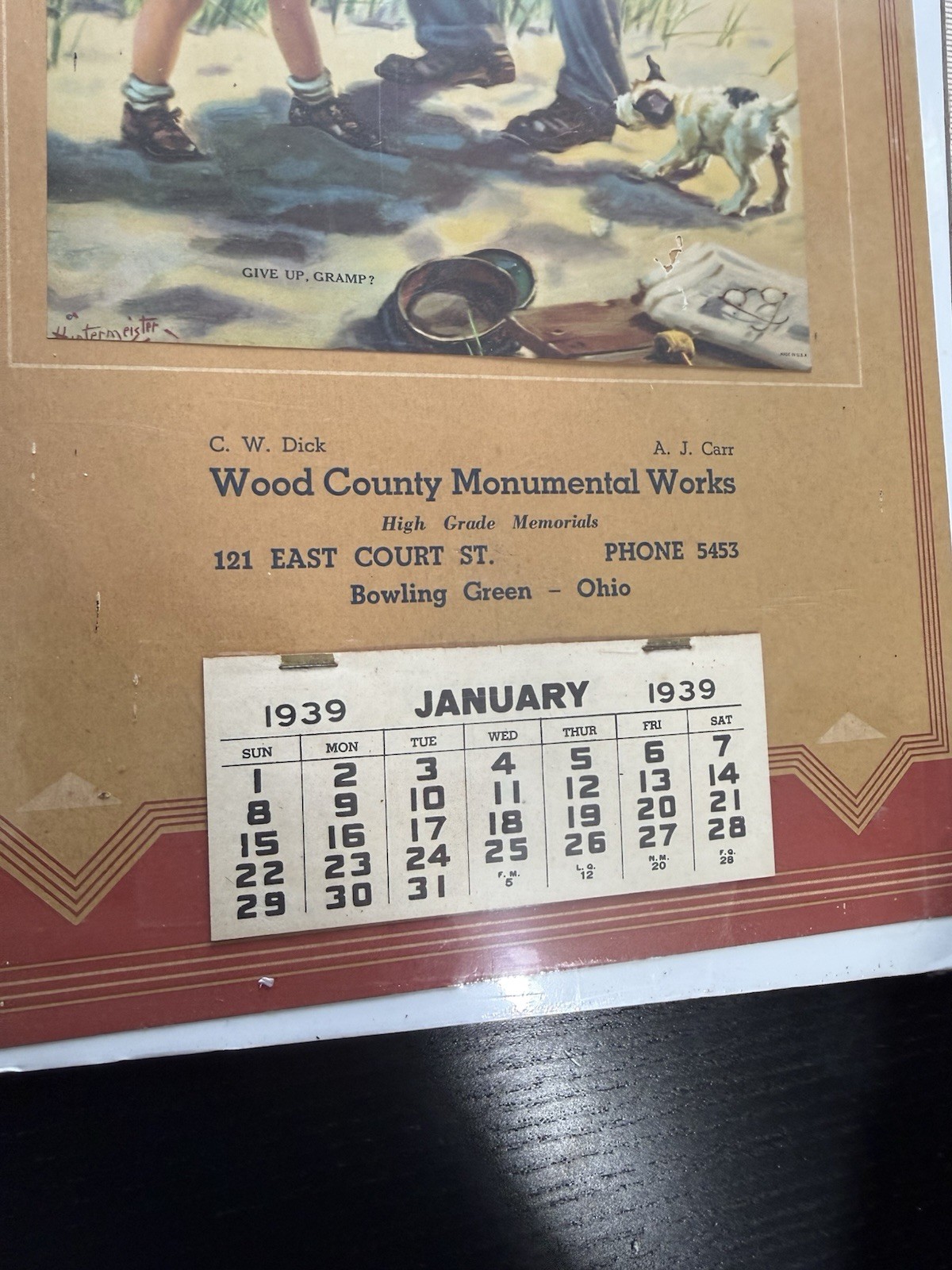 1939 Wood County Monumental Works Old Vintage Calendar Cemetery Memorial Grave