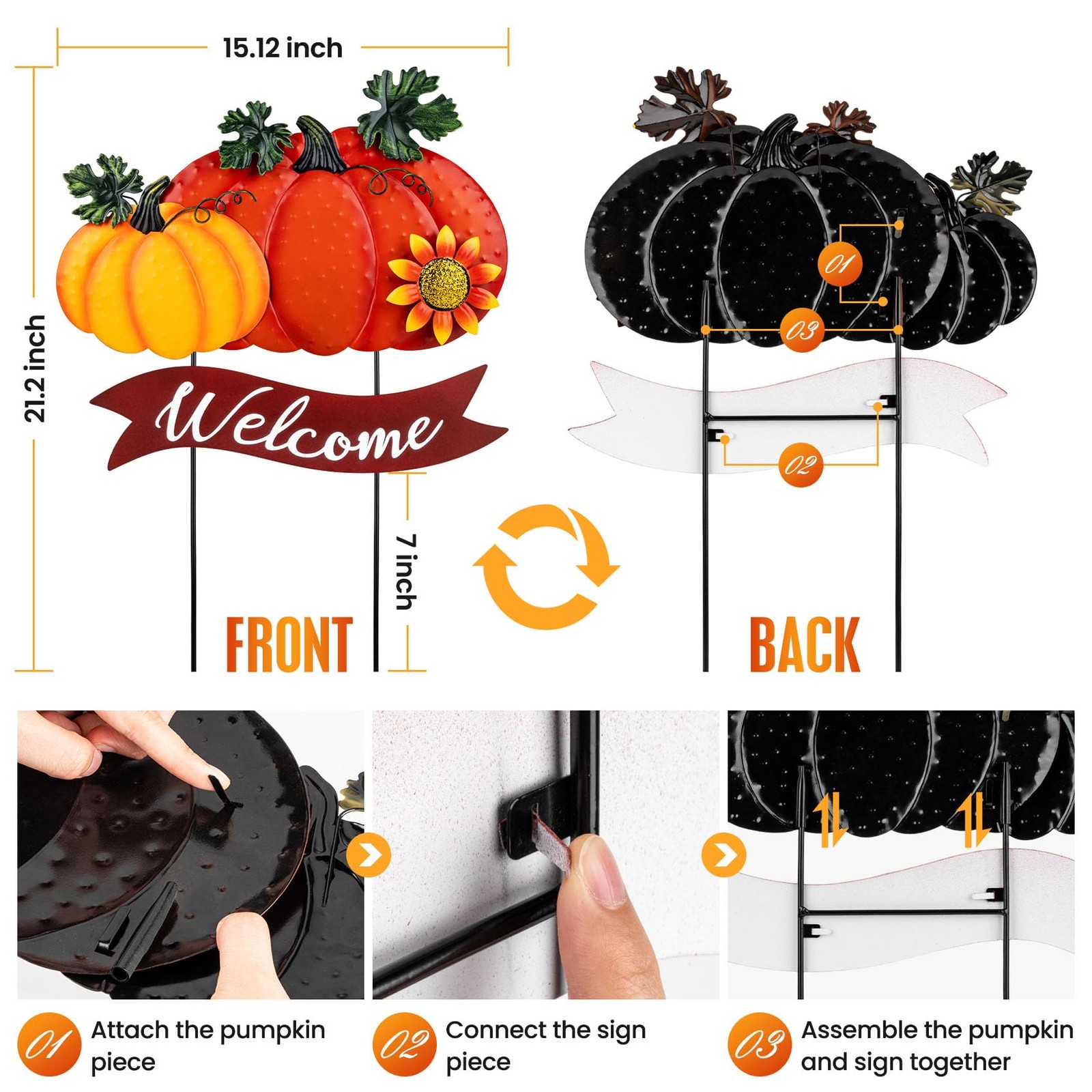 Fall Decorations for Home Outdoor – 21.2″ Metal Pumpkin Yard Stakes with 2-Pu…